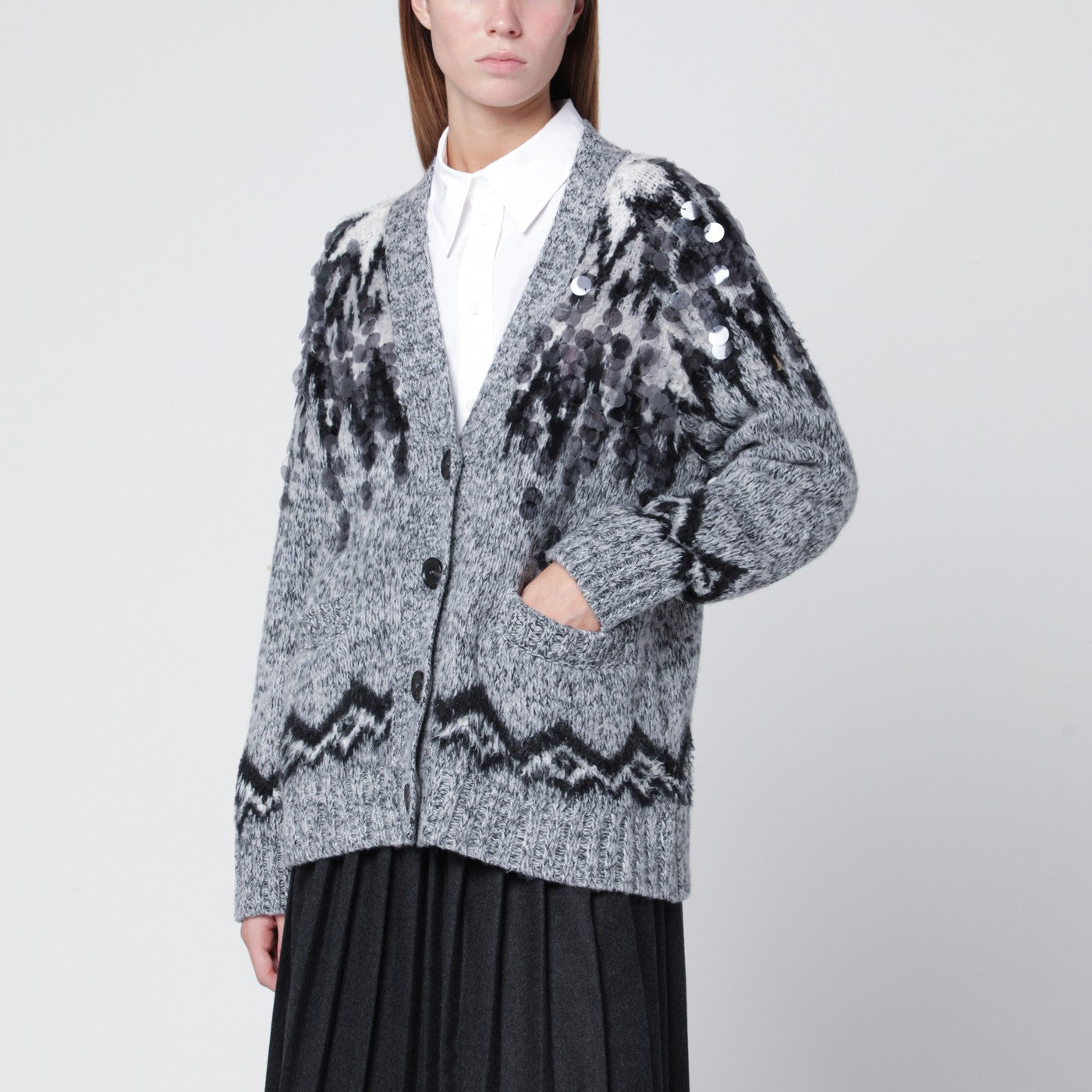 Roberto Collina Grey Wool-Blend Cardigan With Sequins Women Roberto Collina