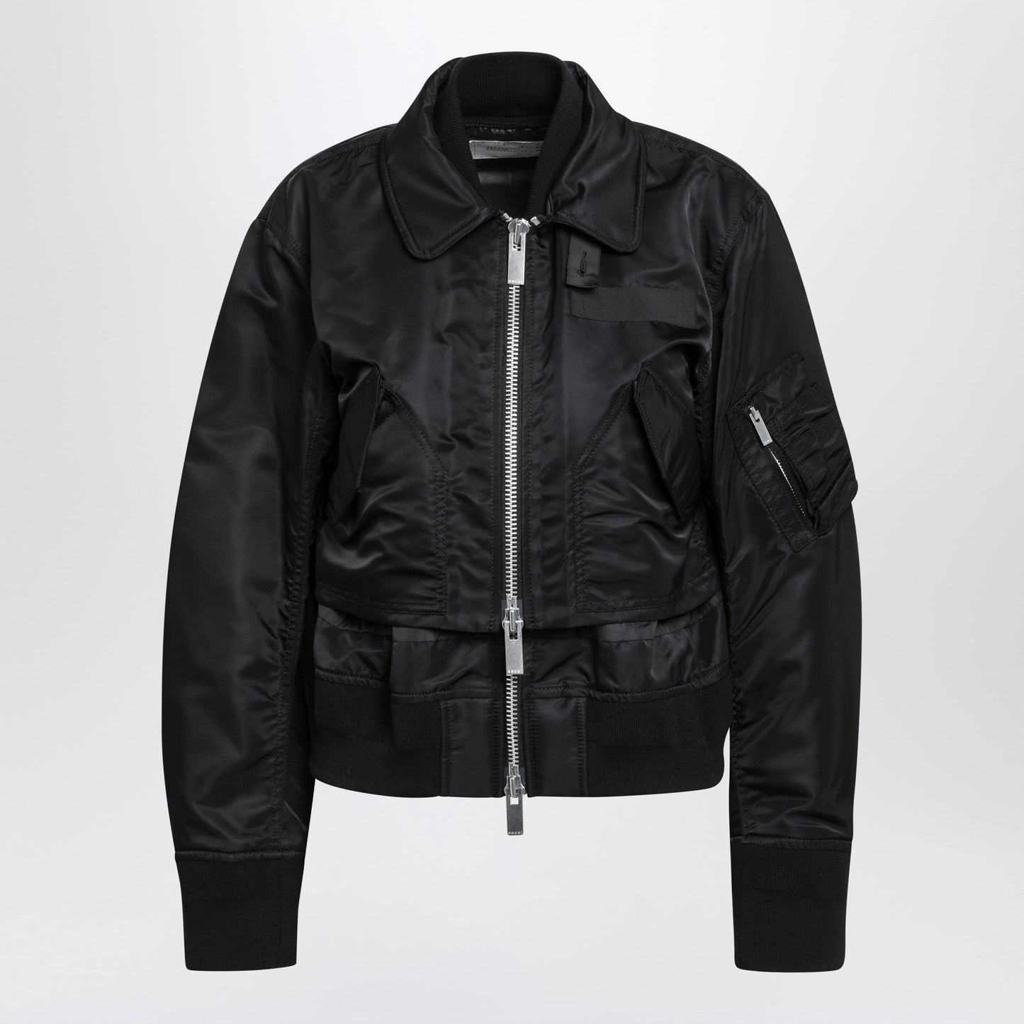Sacai Black Satin-Effect Nylon Zip Bomber Jacket Women SACAI