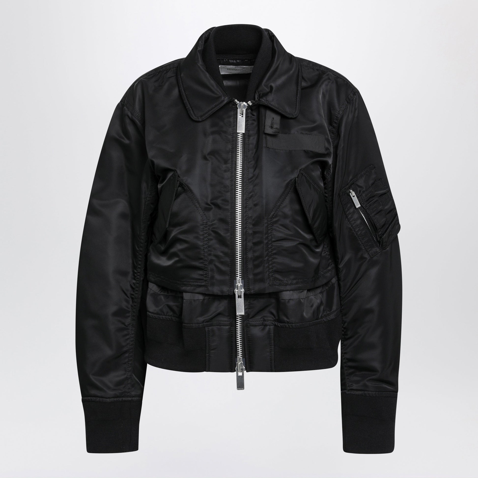 Sacai Black Satin-Effect Nylon Zip Bomber Jacket Women SACAI