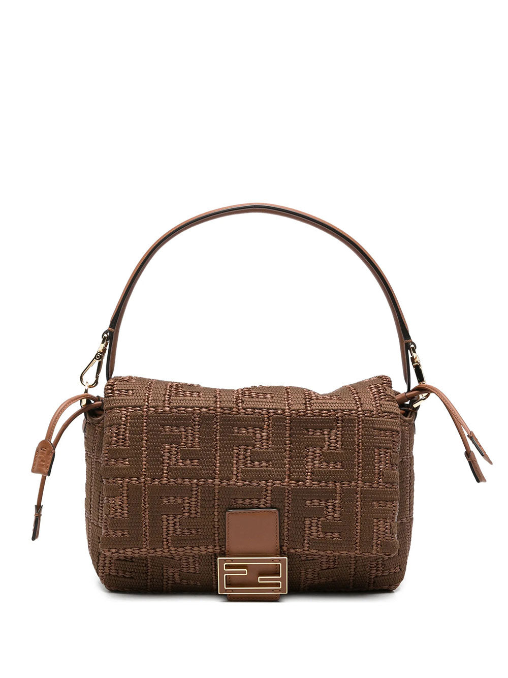 Fendi Women Mamma Baguette Medium Sellier Brown Raffia-Effect Woven Bag With Ff Embroidery FENDI