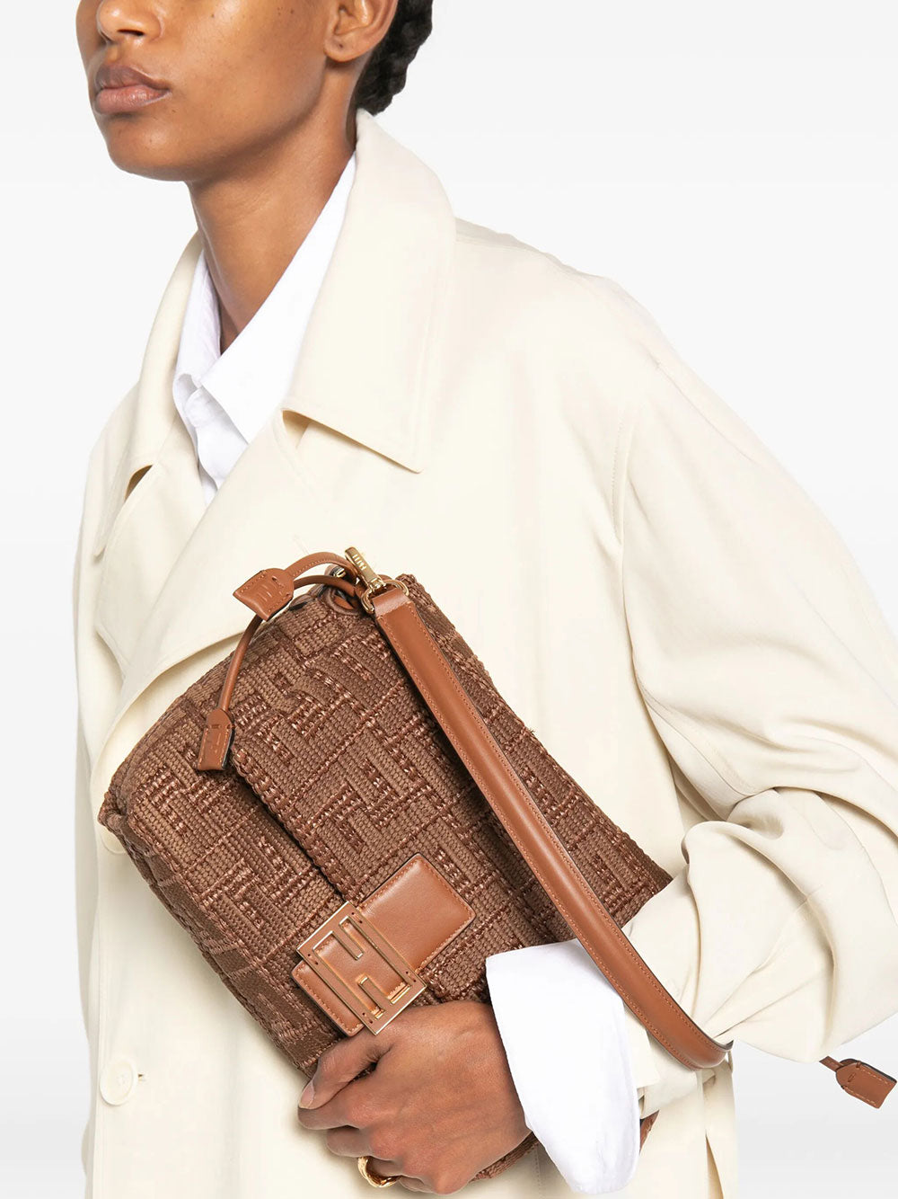 Fendi Women Mamma Baguette Medium Sellier Brown Raffia-Effect Woven Bag With Ff Embroidery FENDI