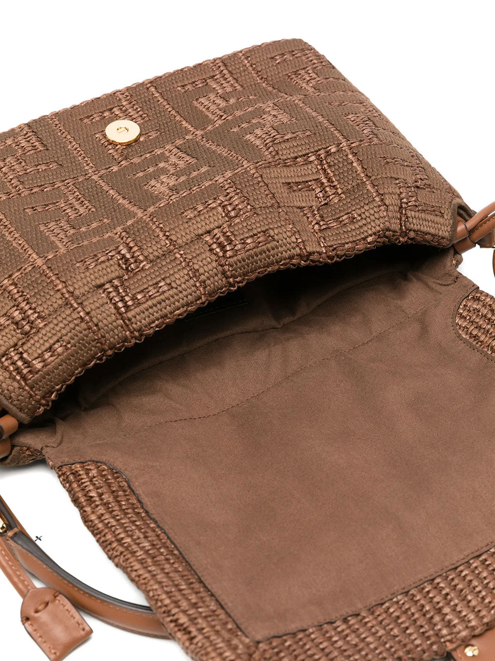 Fendi Women Mamma Baguette Medium Sellier Brown Raffia-Effect Woven Bag With Ff Embroidery FENDI