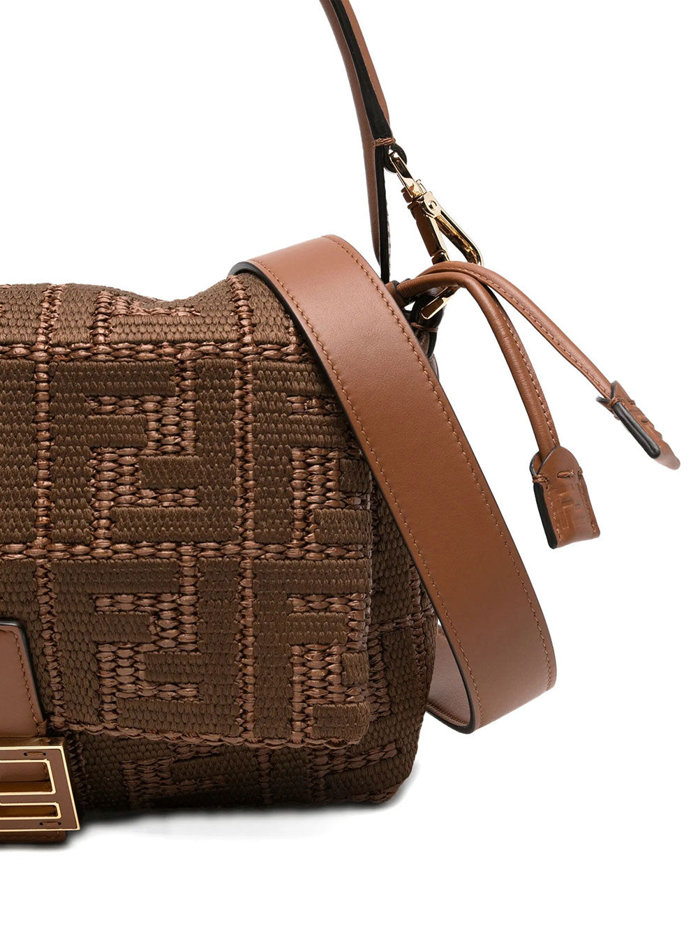 Fendi Women Mamma Baguette Medium Sellier Brown Raffia-Effect Woven Bag With Ff Embroidery FENDI