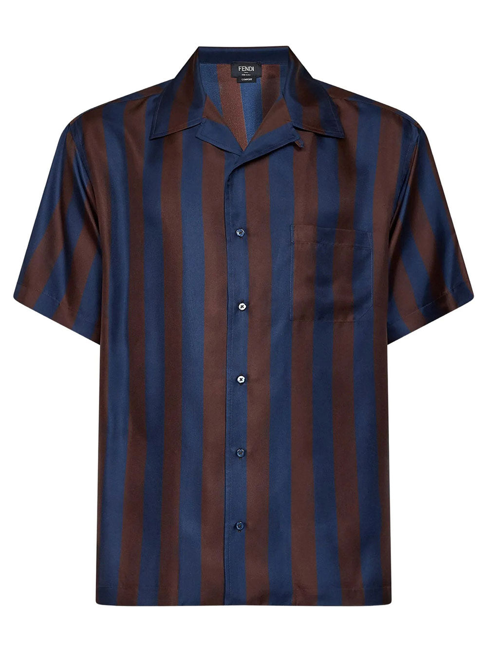 Fendi Men Brown And Navy Blue Pequin Silk Shirt FENDI