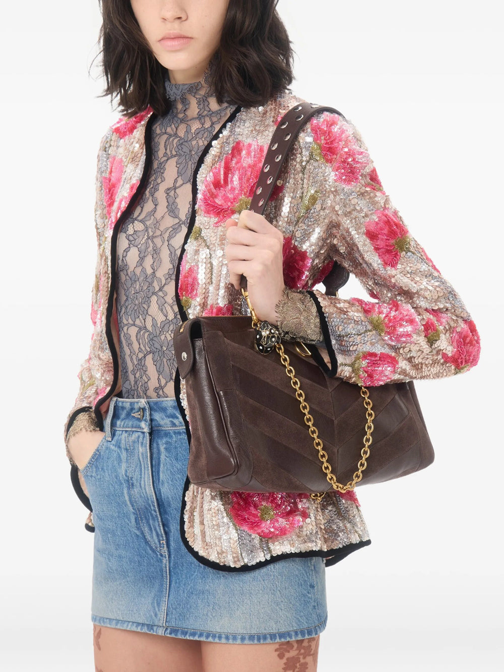 Valentino Garavani Women Panthea Medium Shoulder Bag In Suede And Nappa Leather With Chevron Motif VALENTINO GARAVANI