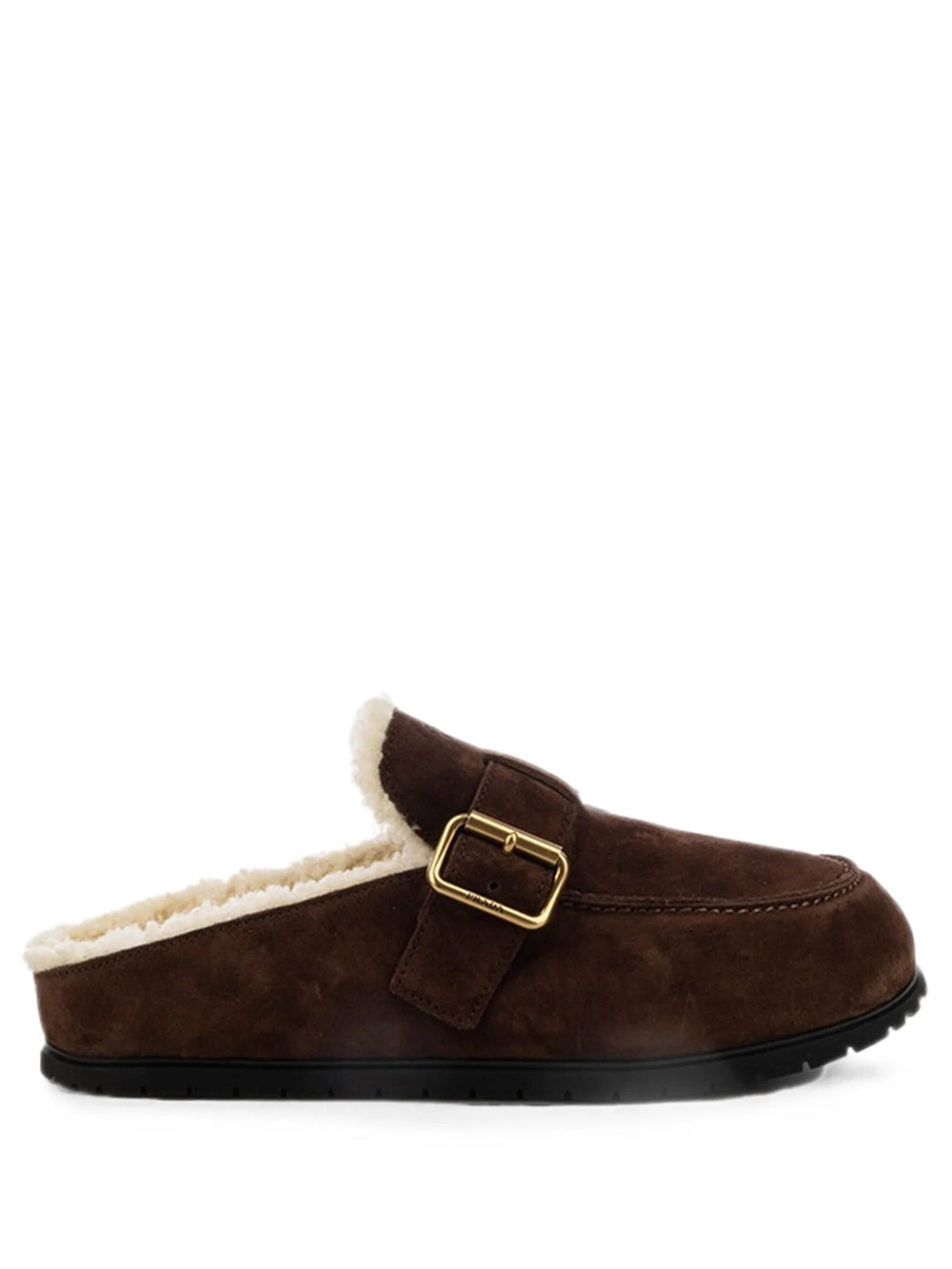 Prada Women Suede Slippers With Buckle And Sheepskin Lining PRADA