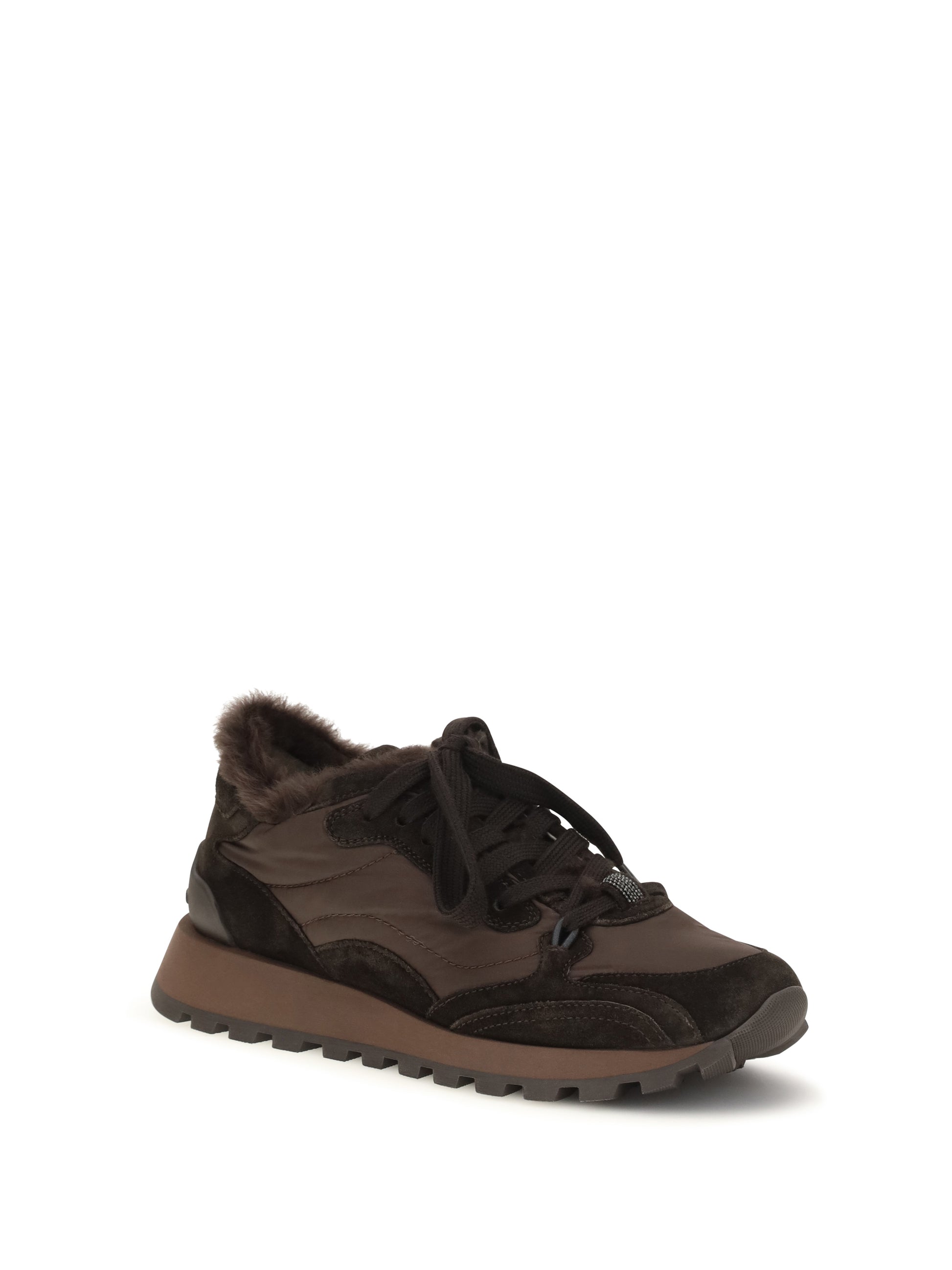 Brunello Cucinelli Women Suede And Techno Fabric Sneakers With Shearling Lining And Monile BRUNELLO CUCINELLI