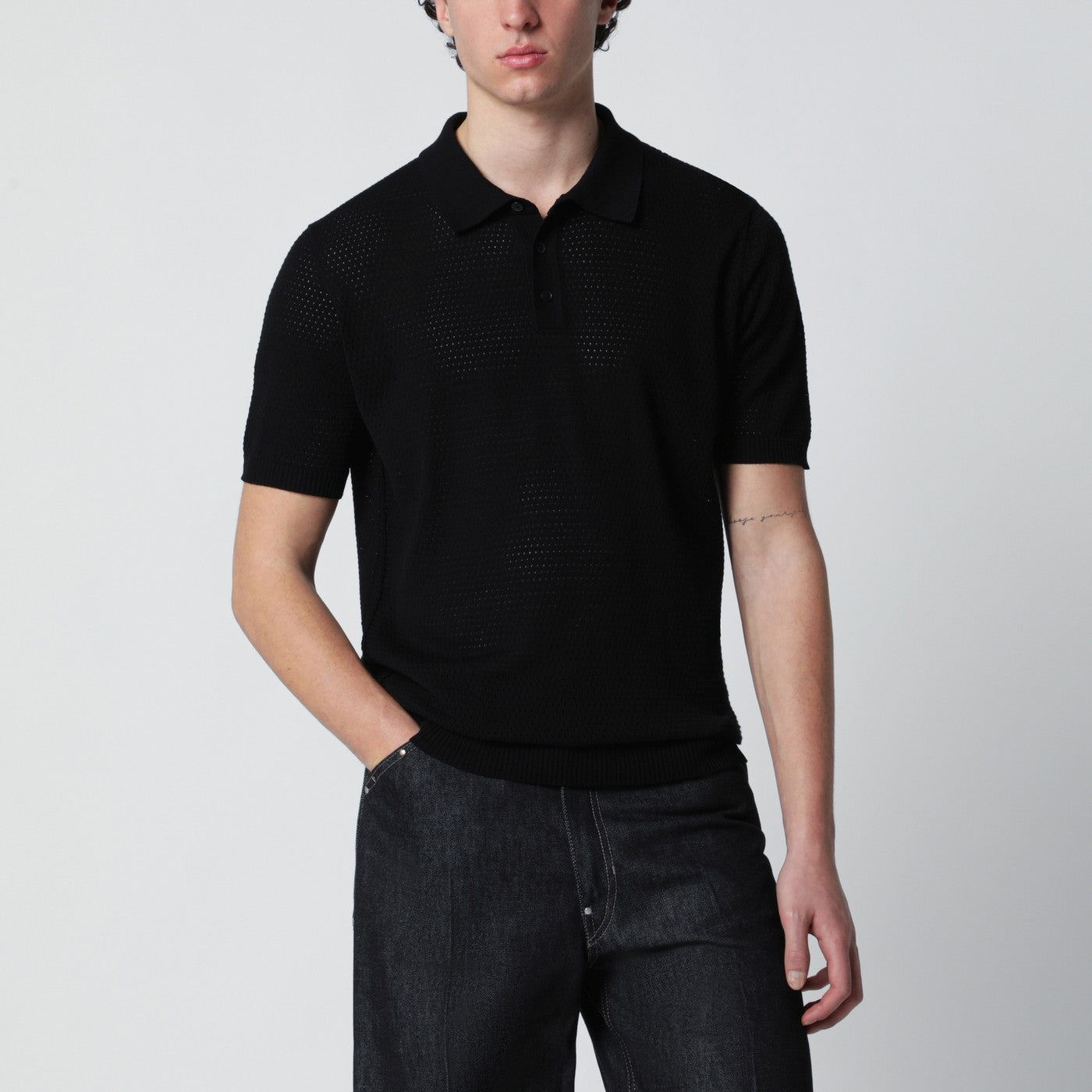 Roberto Collina Black Openwork Cotton Polo Men Roberto Collina