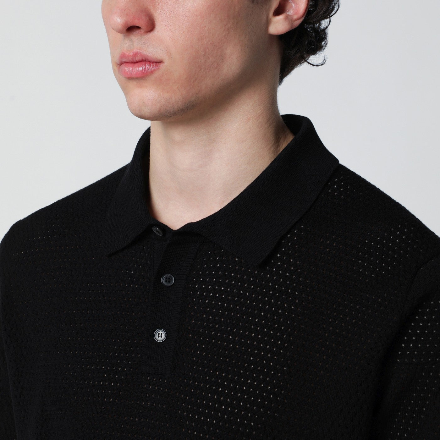 Roberto Collina Black Openwork Cotton Polo Men Roberto Collina