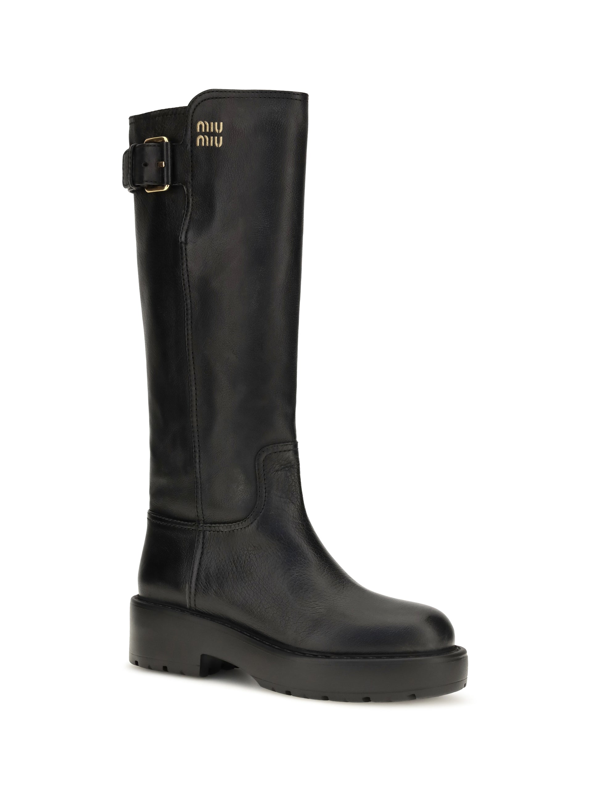 Miu Miu Women Leather Knee-High Boots With Buckle Detail MIU MIU