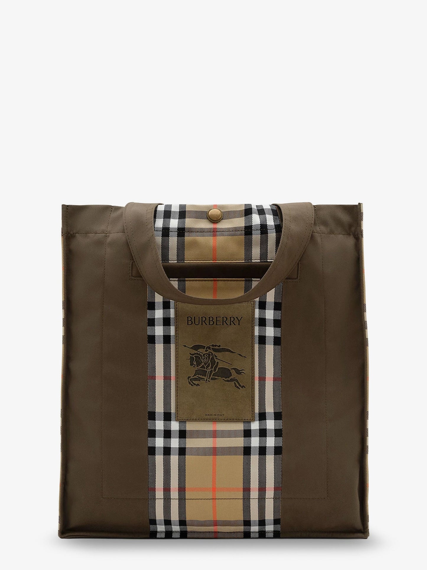 Burberry Men Tote Trench Check Canvas Shoulder Bag With Suede Logo Label On The Front BURBERRY