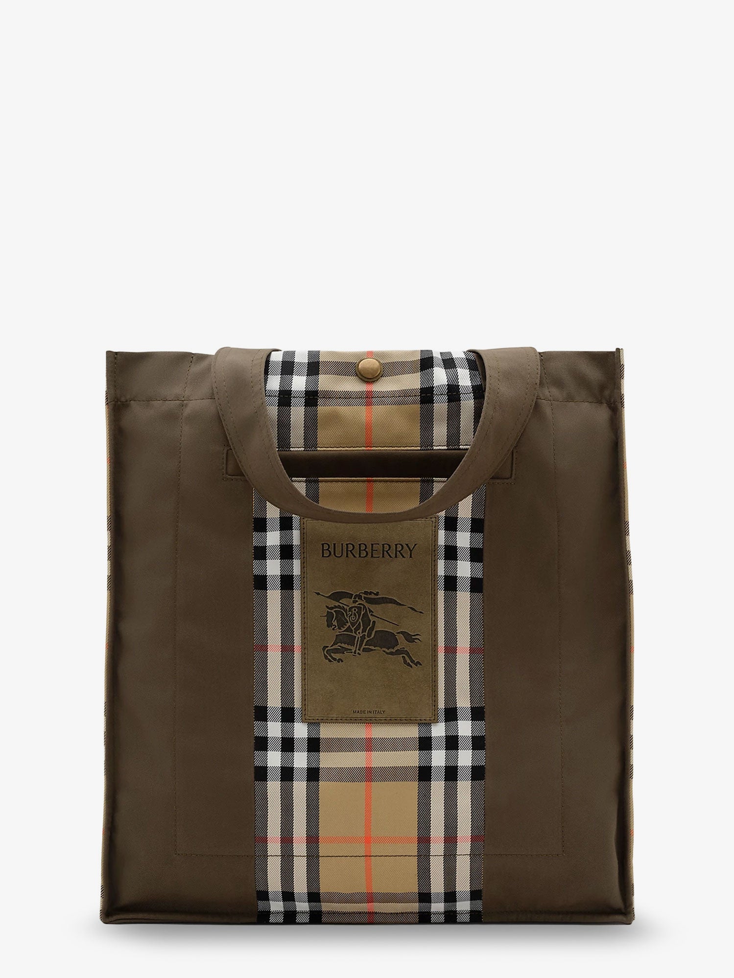 Burberry Men Tote Trench Check Canvas Shoulder Bag With Suede Logo Label On The Front BURBERRY