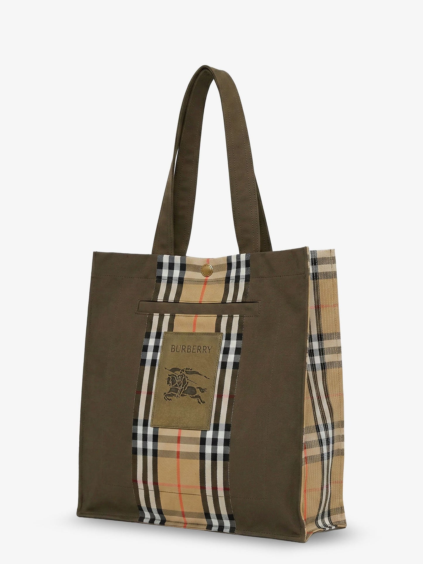 Burberry Men Tote Trench Check Canvas Shoulder Bag With Suede Logo Label On The Front BURBERRY
