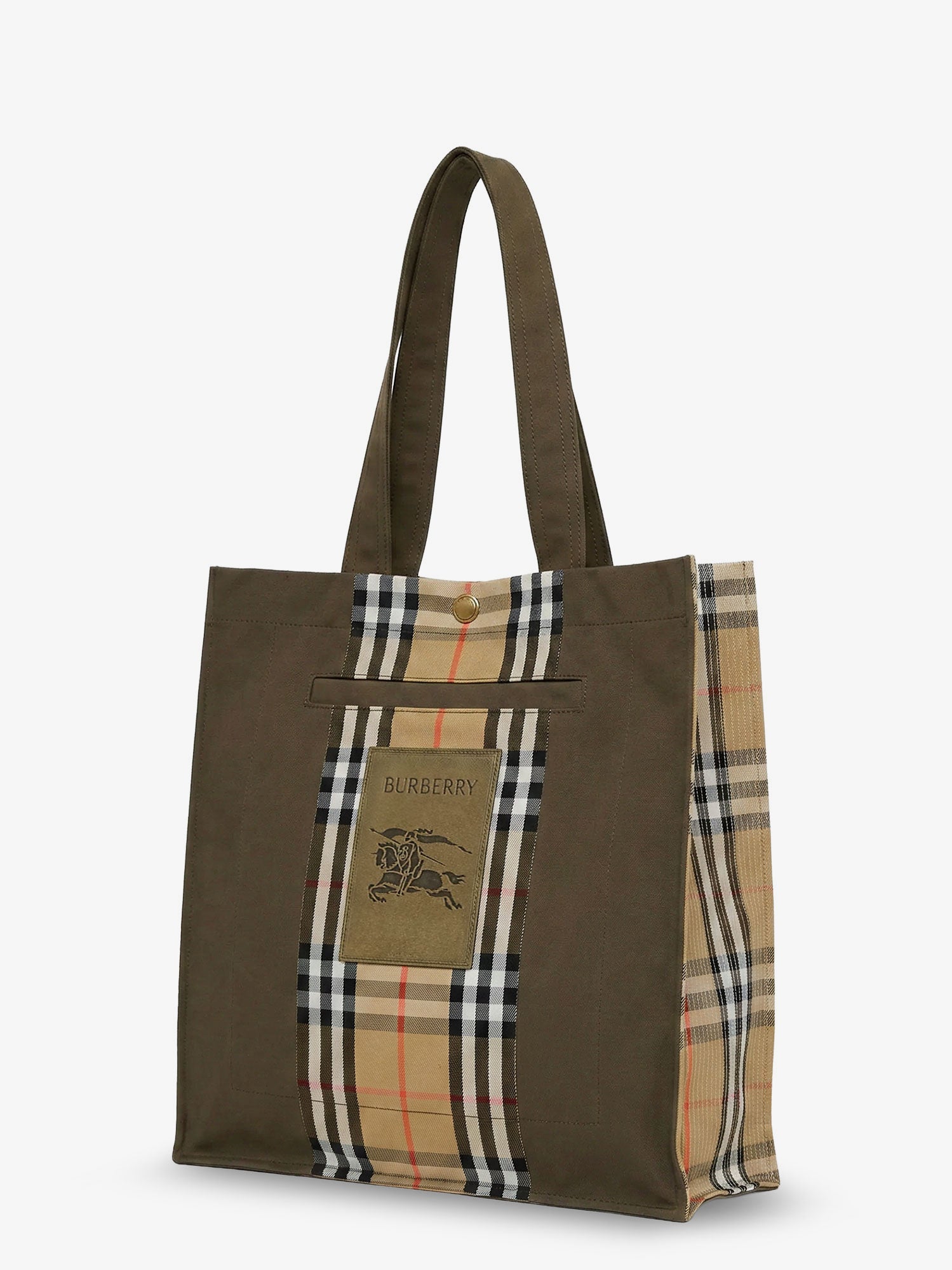 Burberry Men Tote Trench Check Canvas Shoulder Bag With Suede Logo Label On The Front BURBERRY