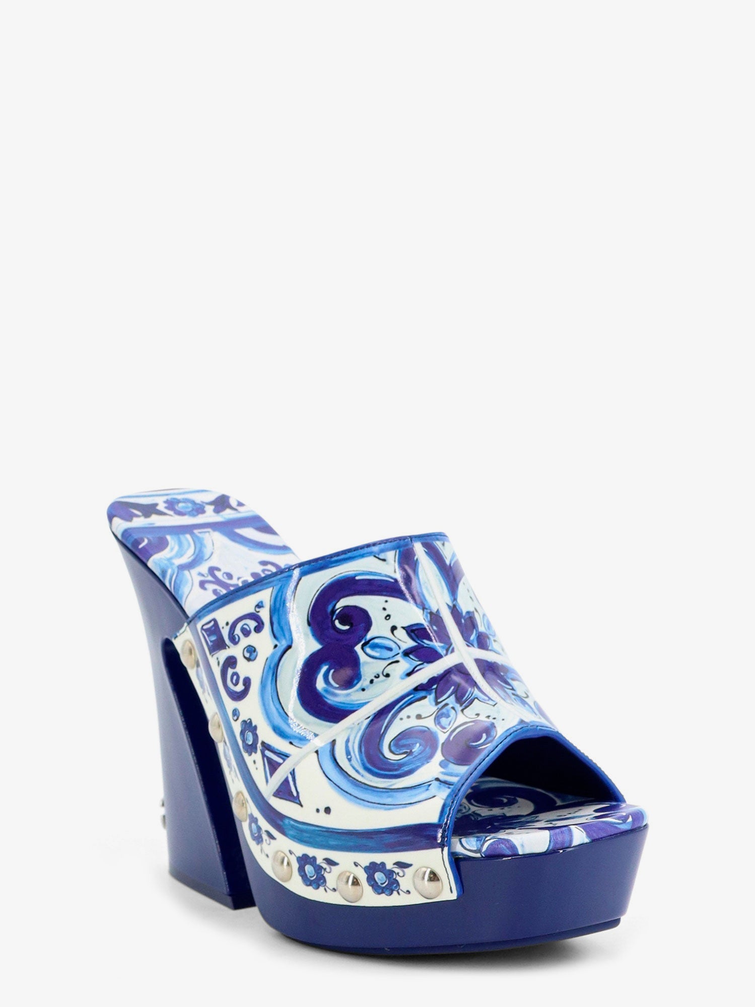 Dolce & Gabbana Women Maiolica Print Shiny Leather Sandals DOLCE & GABBANA