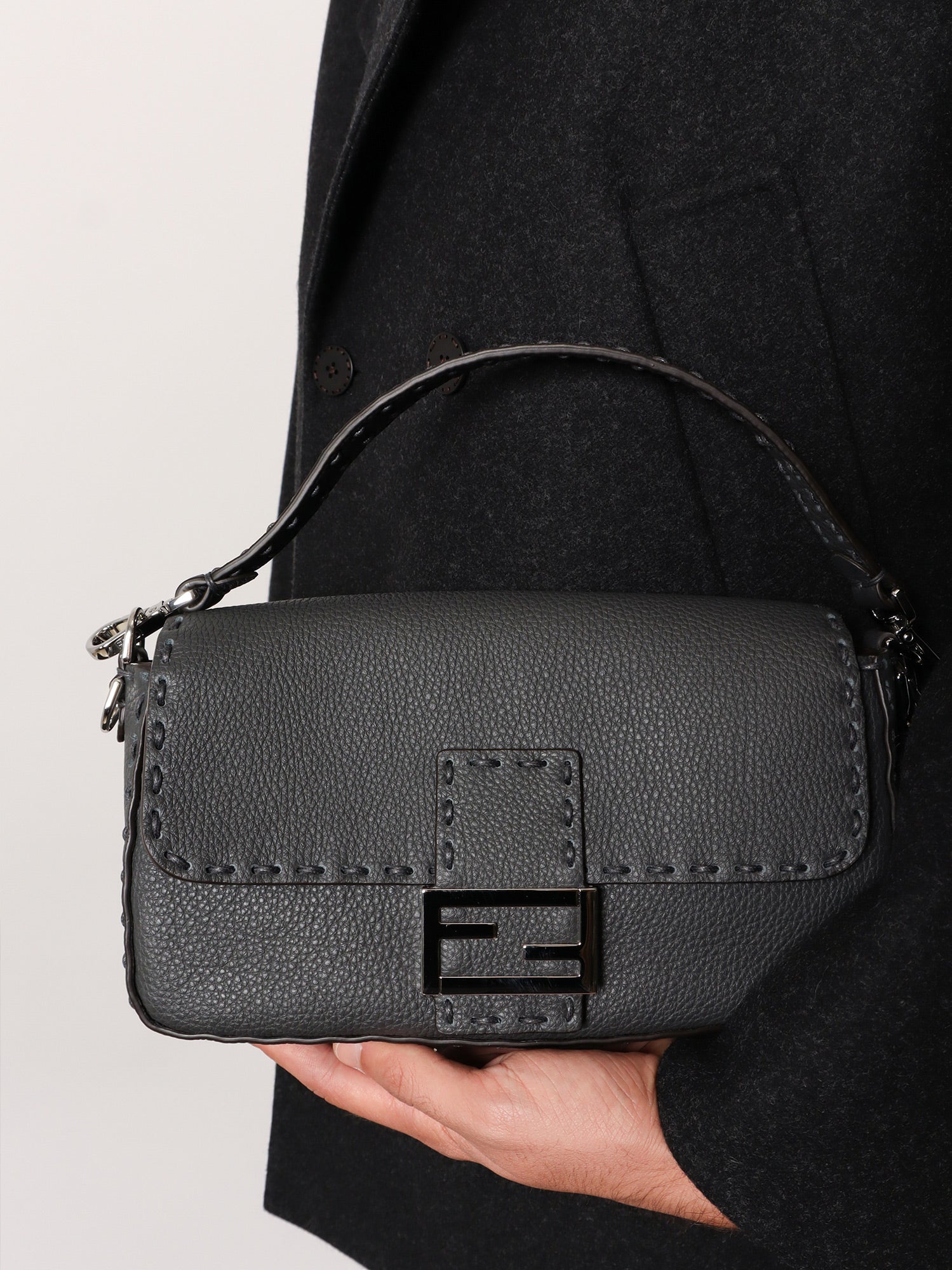 Fendi Men Baguette Leather Shoulder Bag With Selleria Stitchings FENDI