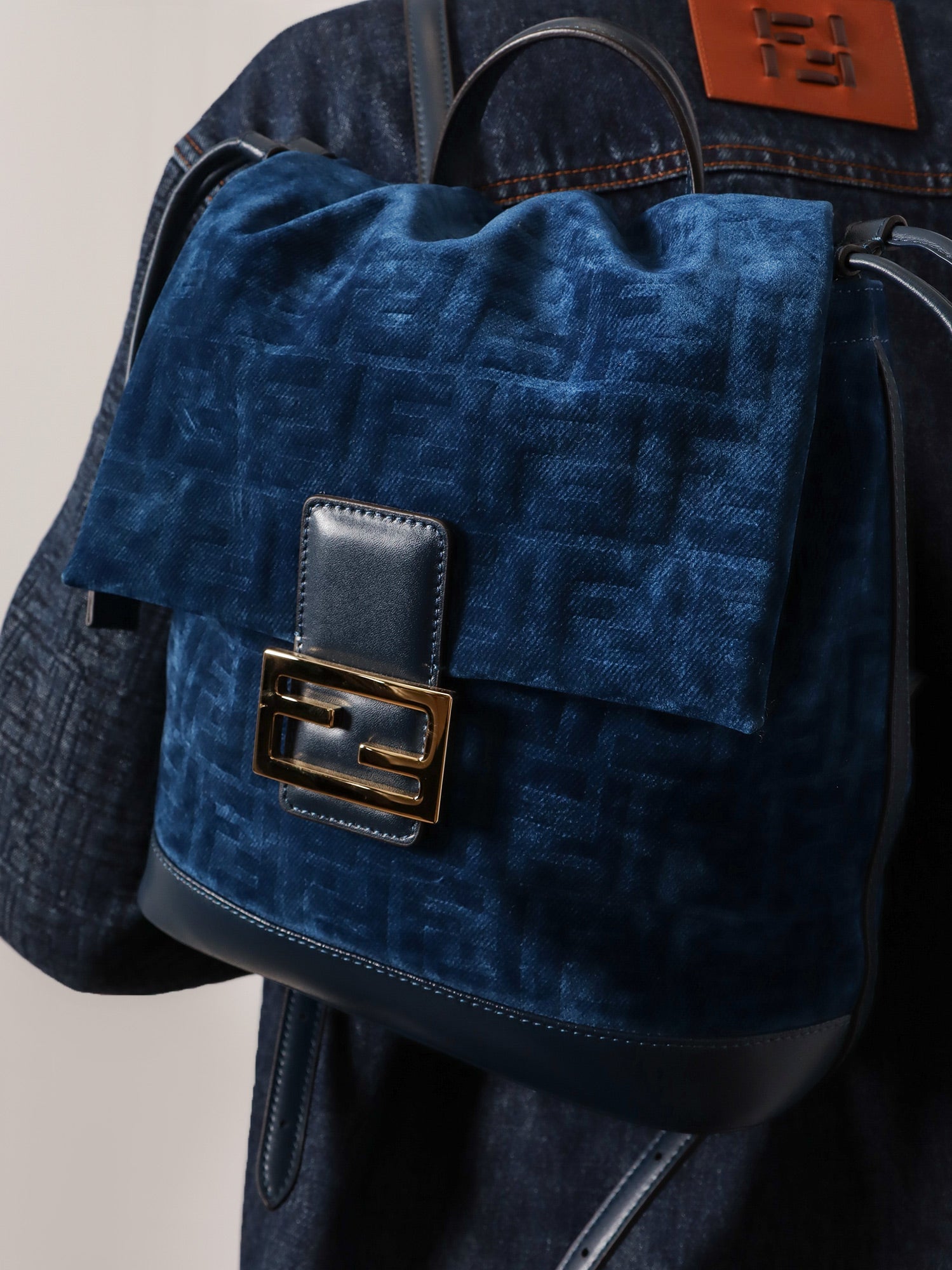 Fendi Women Denim Backpack With Flocked Ff Detail FENDI