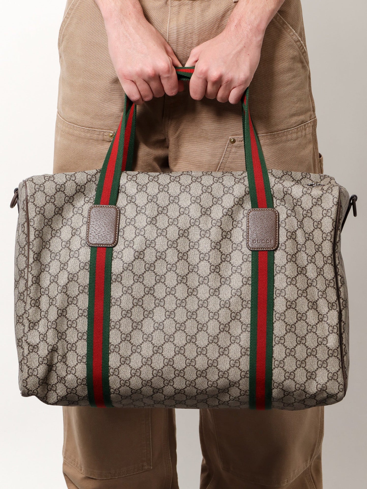 Gucci Men Gg Supreme Fabric And Leather Travel Bag With Web Detail GUCCI