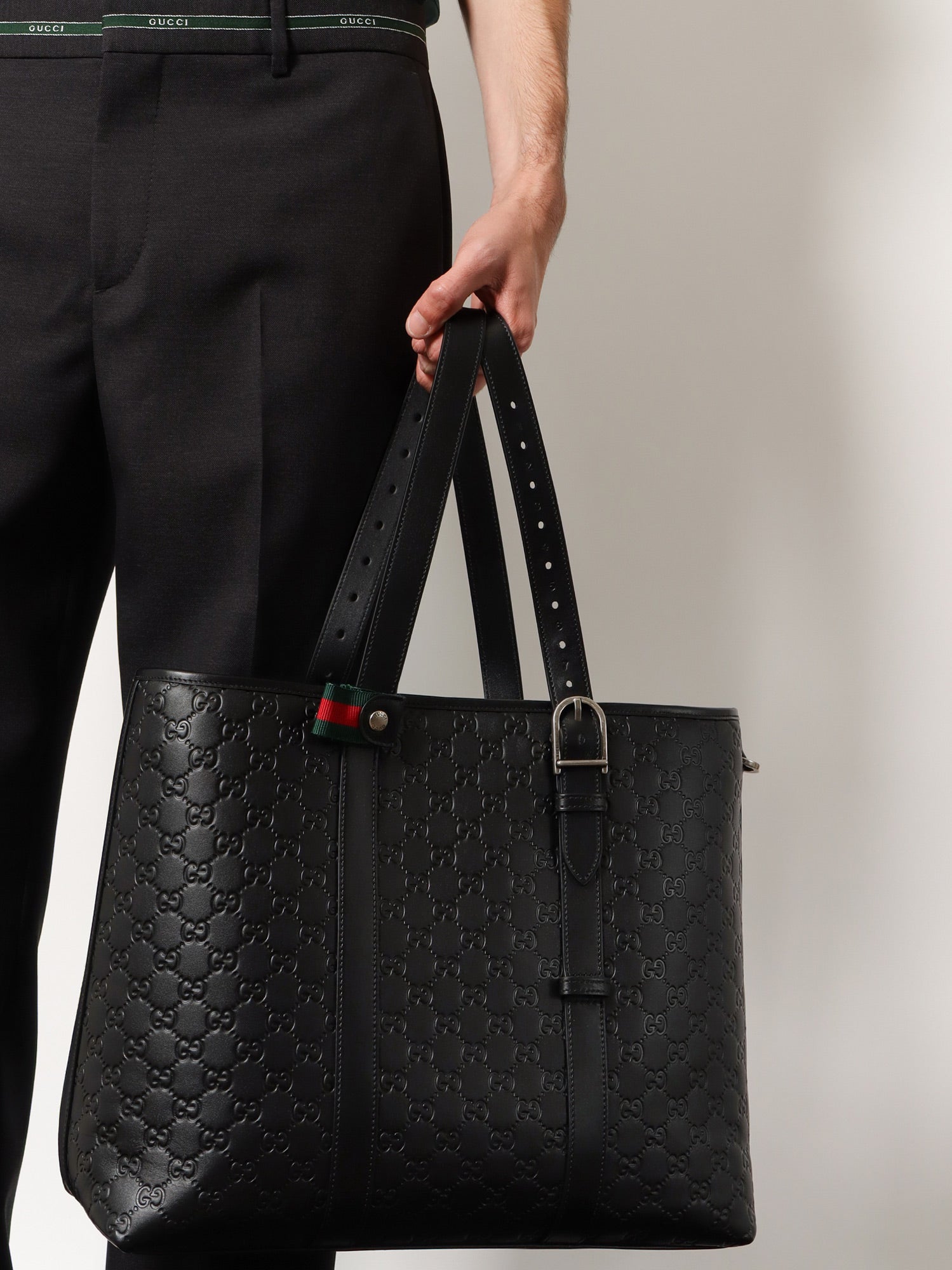 Gucci Men Gg Emblem  Leather Shopping Bag With Embossed Gg Motif GUCCI