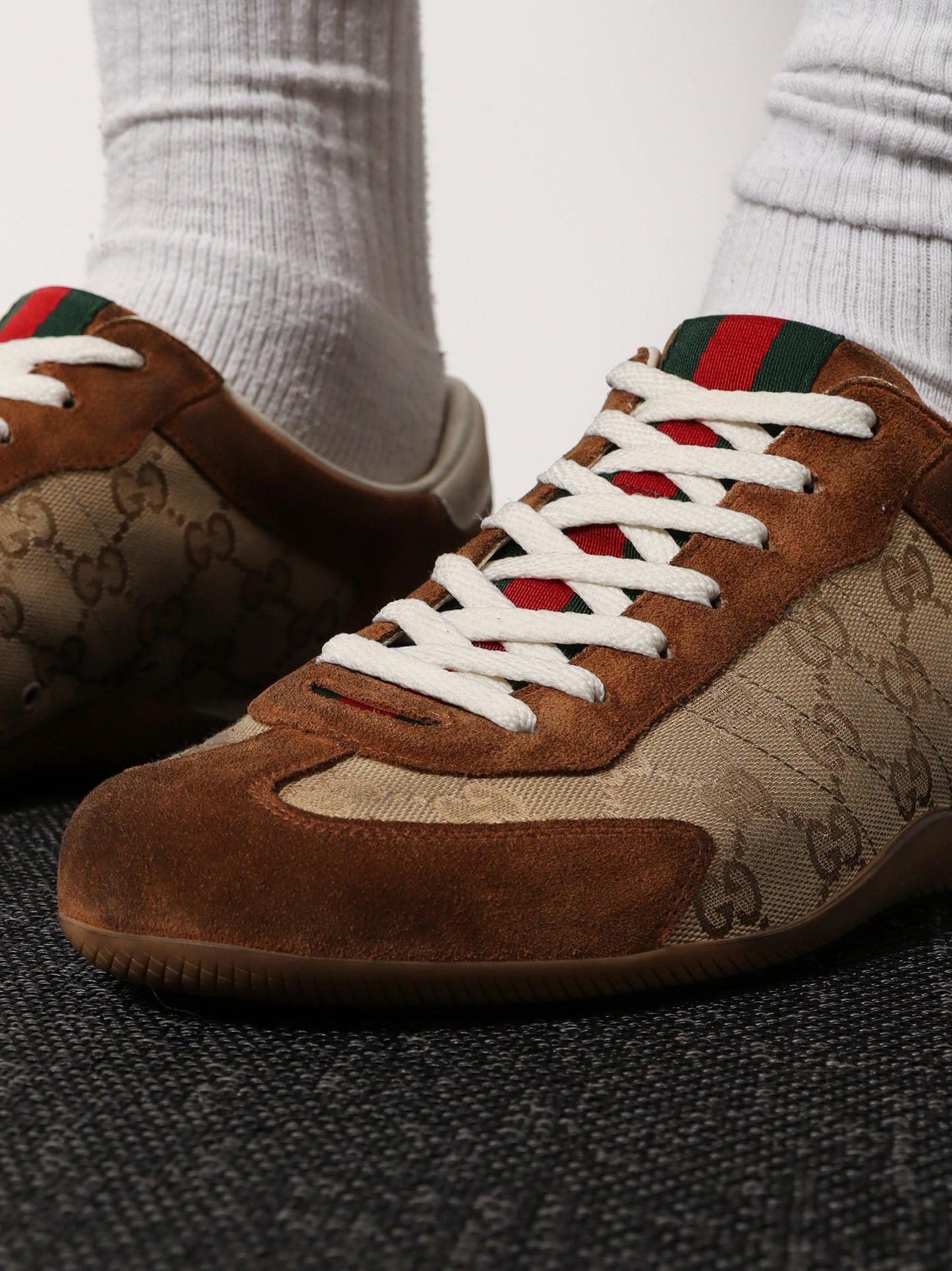 Gucci Men Gucci Shift Suede Sneakers With Gg Supreme Fabric Inserts GUCCI