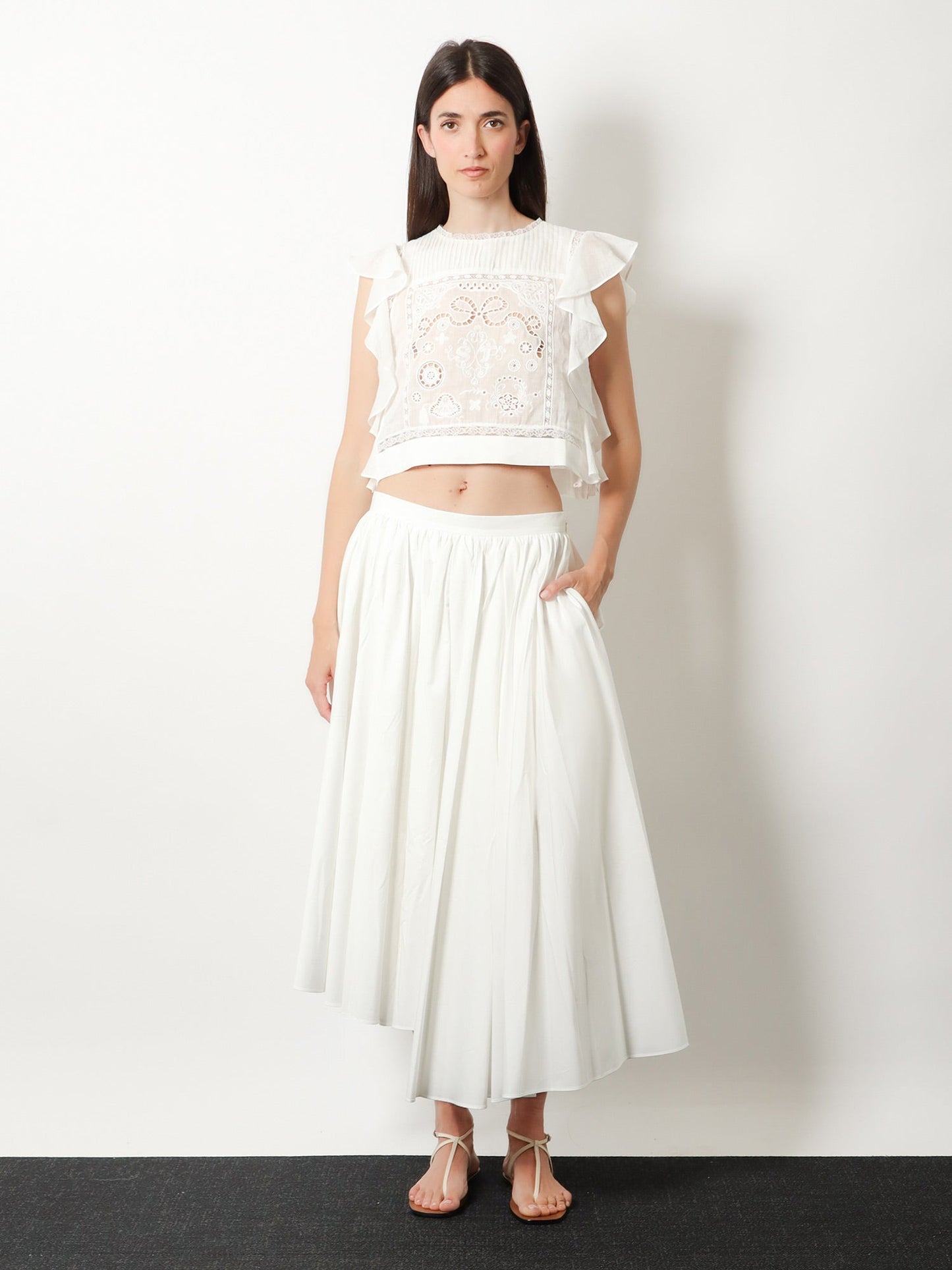 Self Portrait Women Ramie Top With Lace Inserts SELF-PORTRAIT