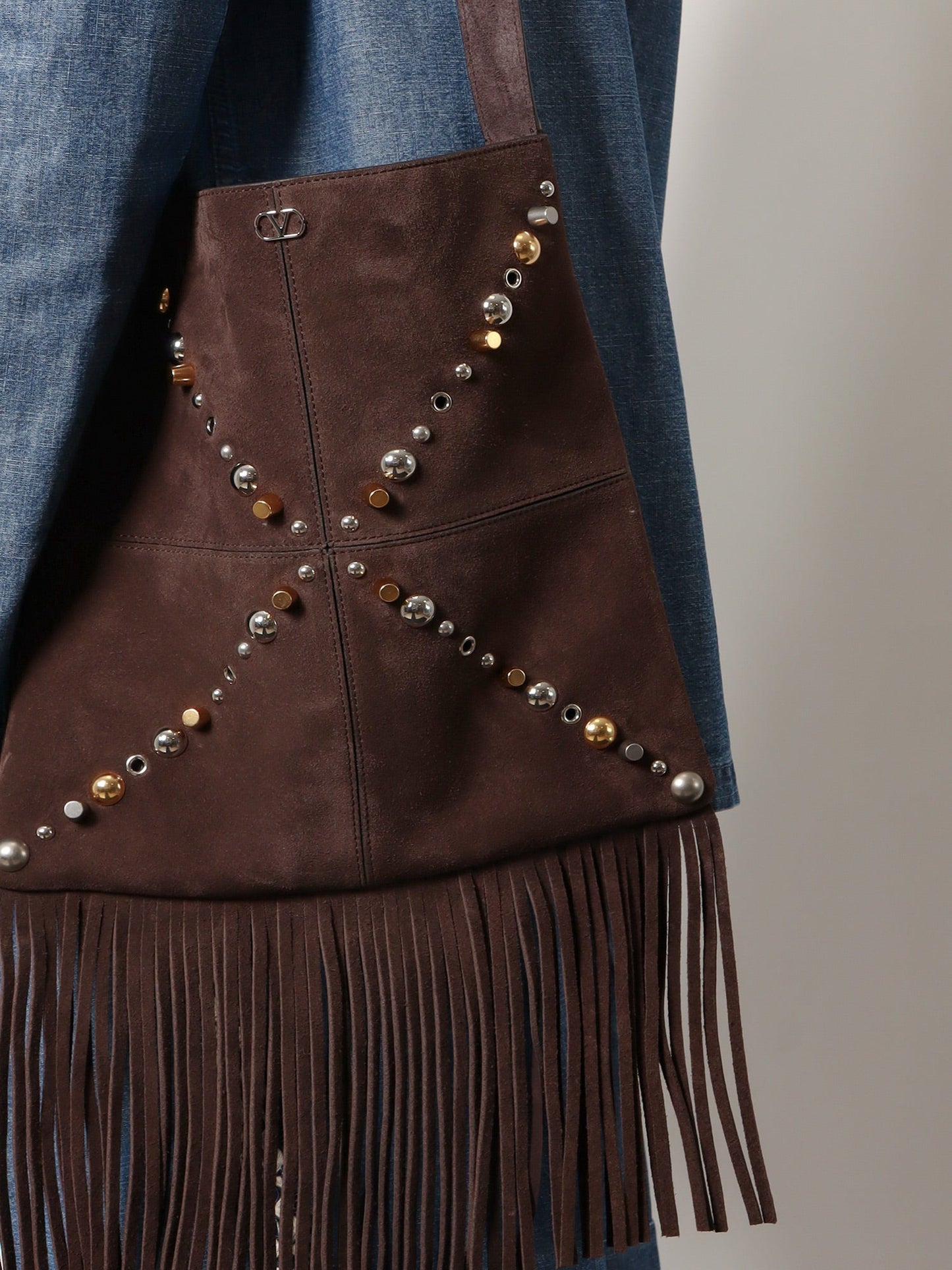 Valentino Garavani Men Suede Shoulder Bag With Fringes And Metal Details VALENTINO GARAVANI