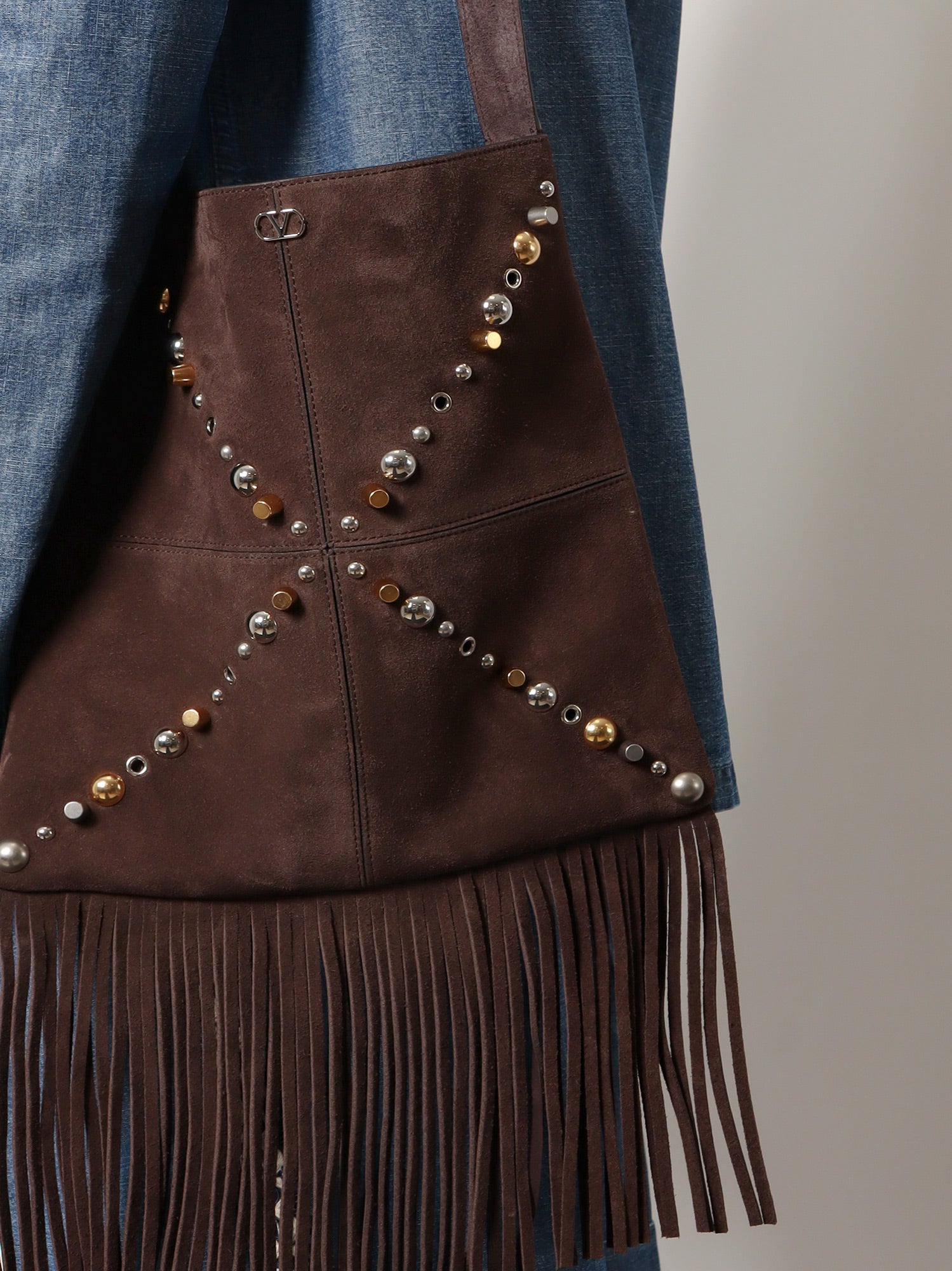 Valentino Garavani Men Suede Shoulder Bag With Fringes And Metal Details VALENTINO GARAVANI