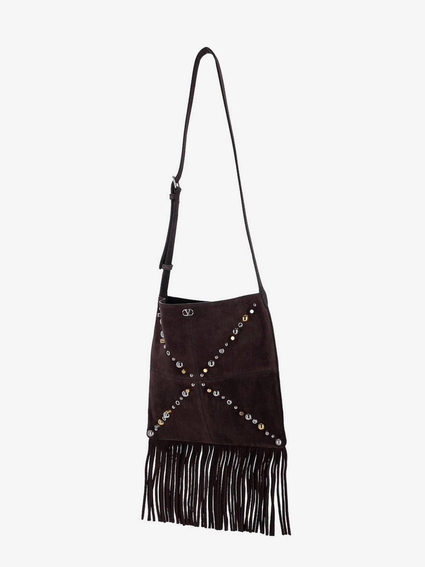 Valentino Garavani Men Suede Shoulder Bag With Fringes And Metal Details VALENTINO GARAVANI