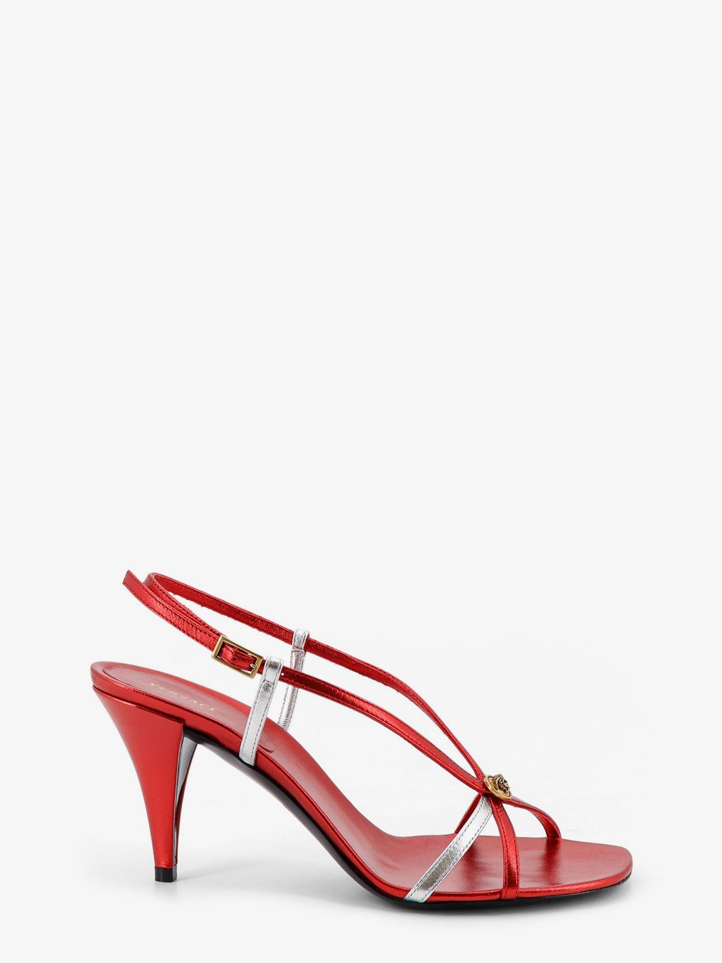 Versace Women Metallic Leather Sandals With Medusa Logo On The Front VERSACE