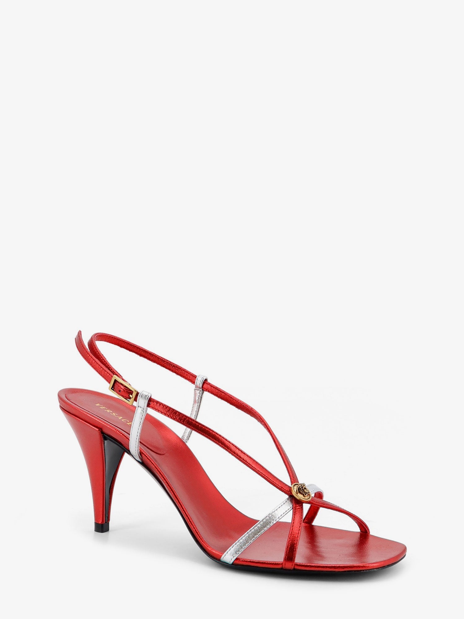 Versace Women Metallic Leather Sandals With Medusa Logo On The Front VERSACE