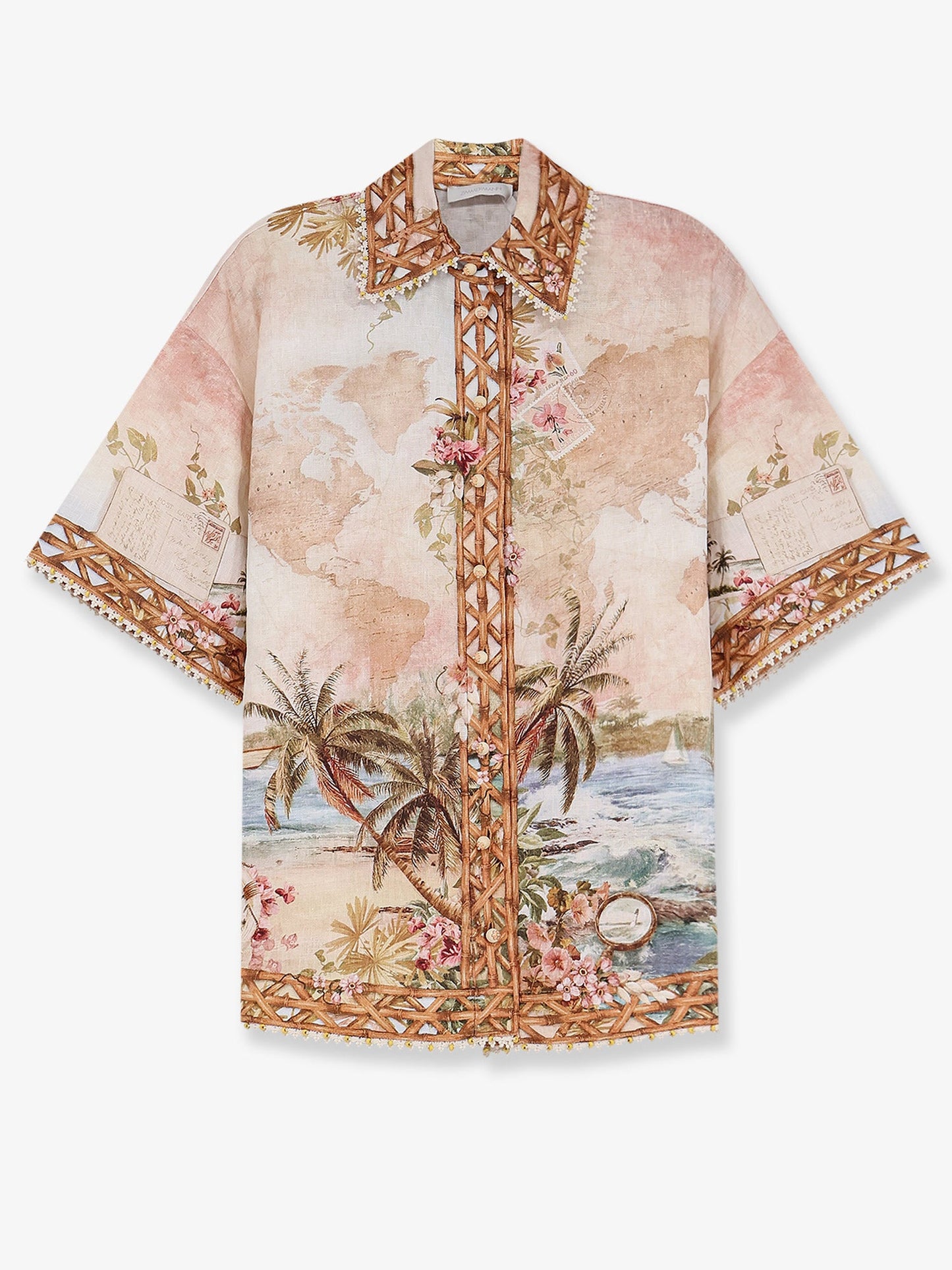 Zimmermann Women Mahon Linen Shirt With Blue Island Map Print ZIMMERMANN