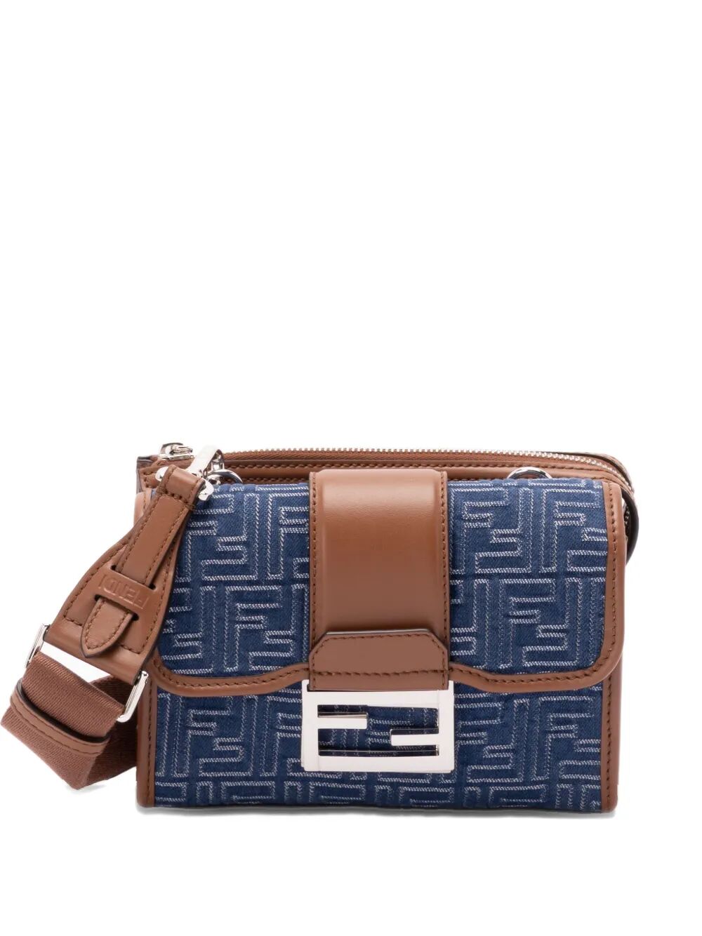 Fendi Men Denim-Effect Ff Jacquard And Leather Double Baguette Bag FENDI