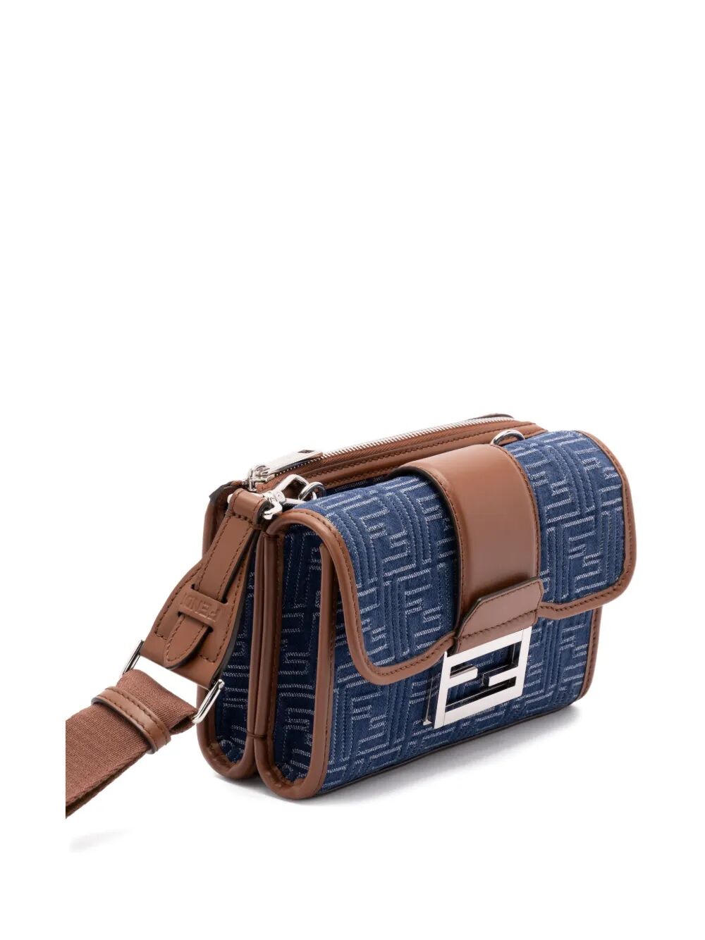 Fendi Men Denim-Effect Ff Jacquard And Leather Double Baguette Bag FENDI