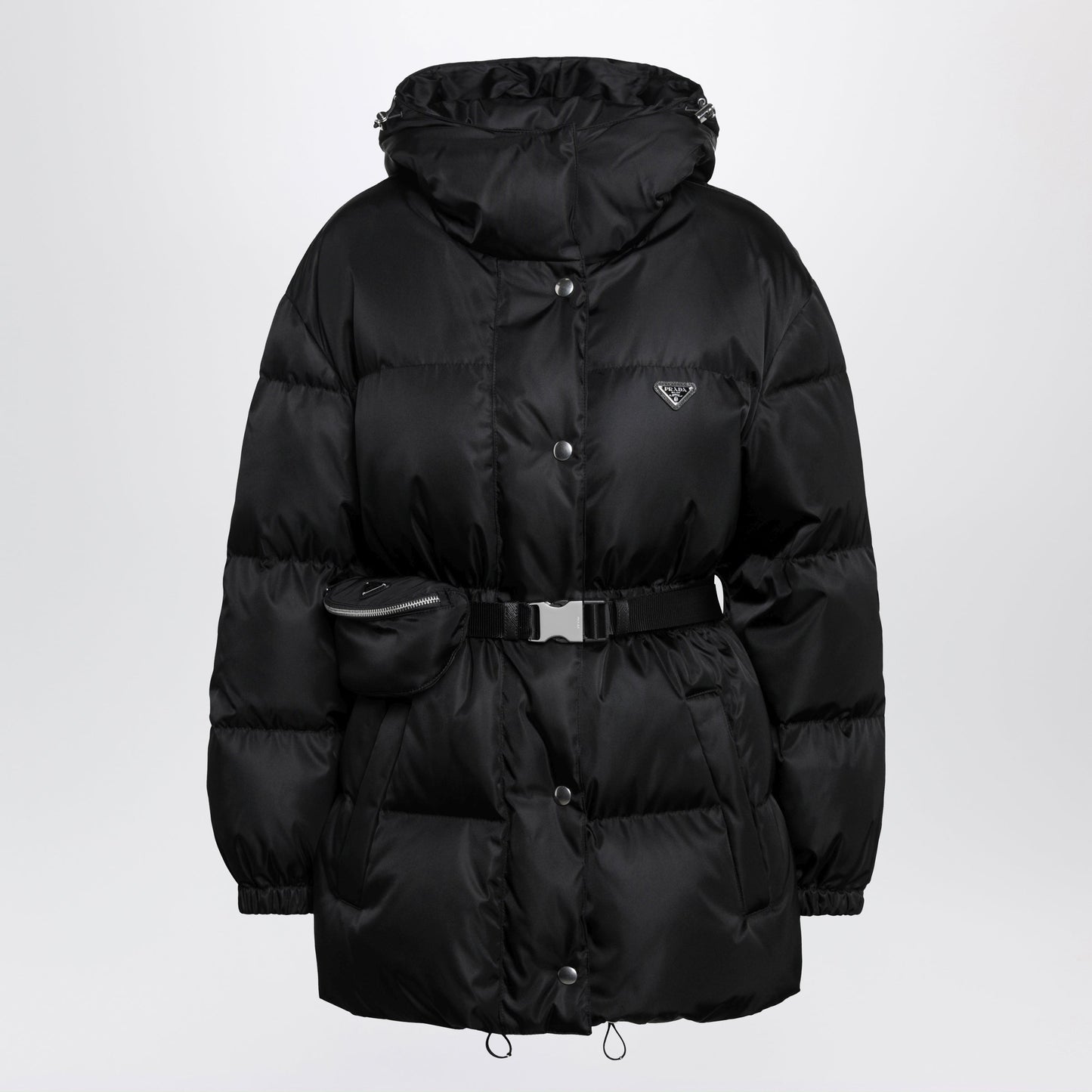 Prada Re-Nylon Hooded Padded Jacket With Front Pouch, Black Women PRADA