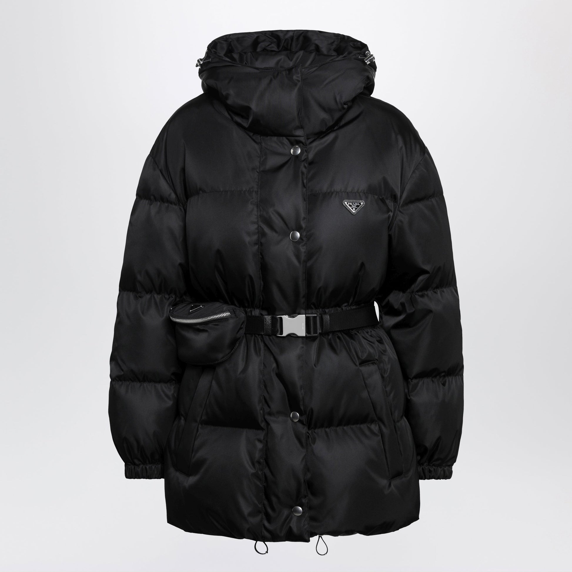Prada Re-Nylon Hooded Padded Jacket With Front Pouch, Black Women PRADA