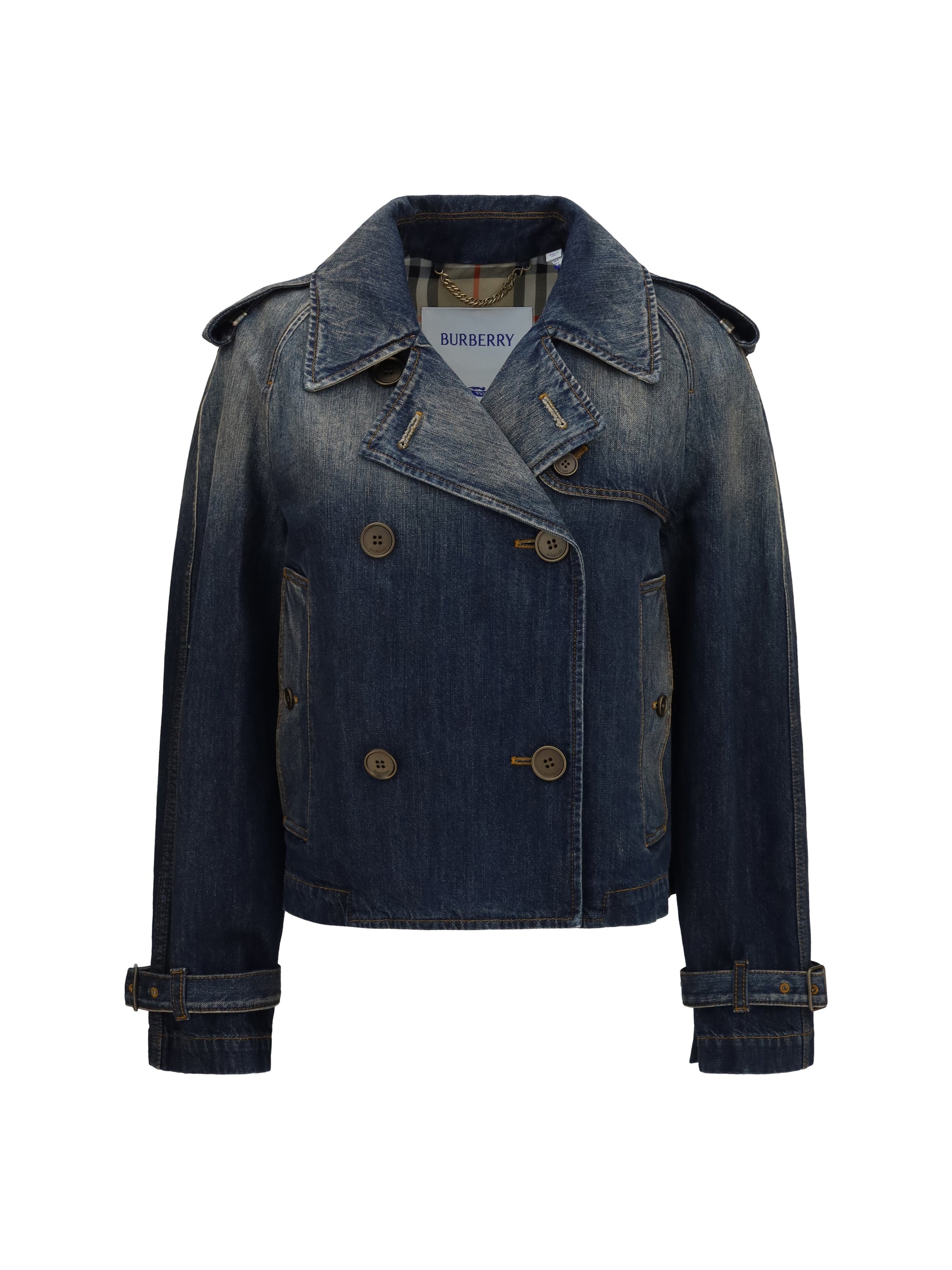 Burberry Women Cropped Double-Breasted Denim Jacket BURBERRY