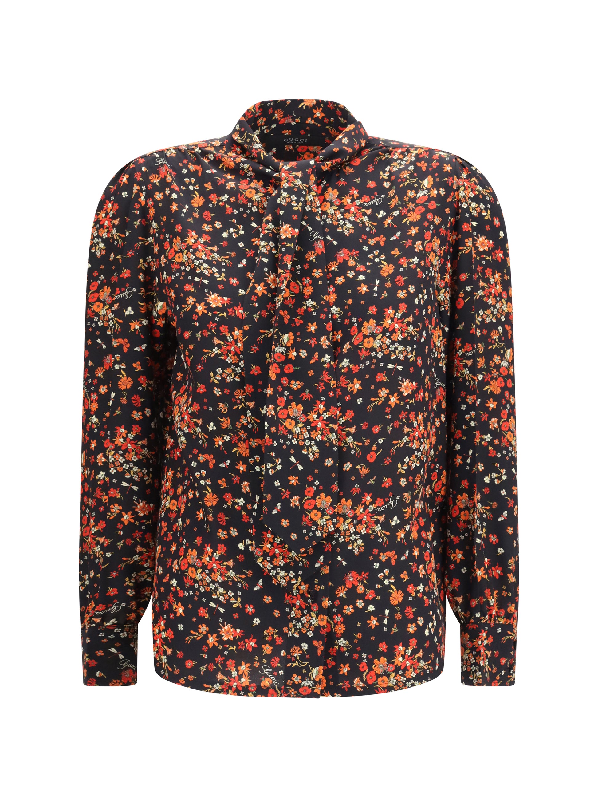 Gucci Women Silk Flora Print Shirt With Neck Bow GUCCI