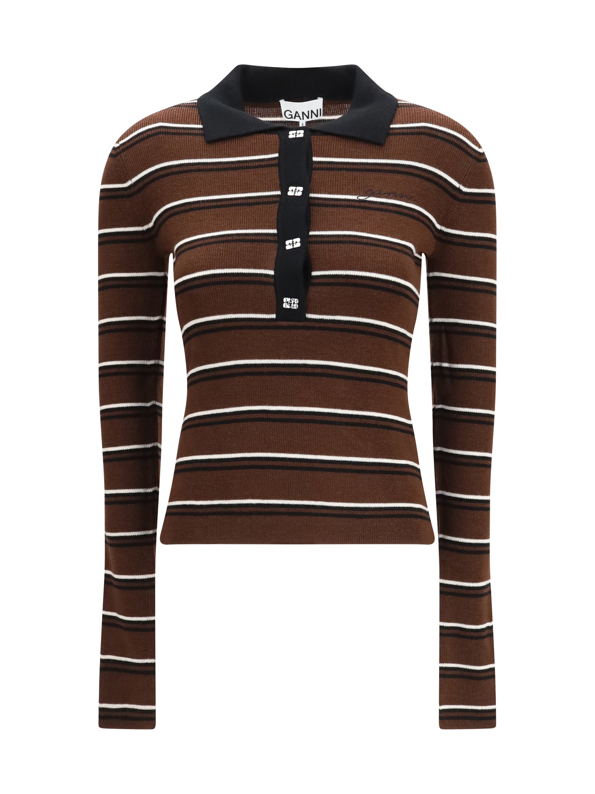 Ganni Women Striped Merino Polo Shirt GANNI