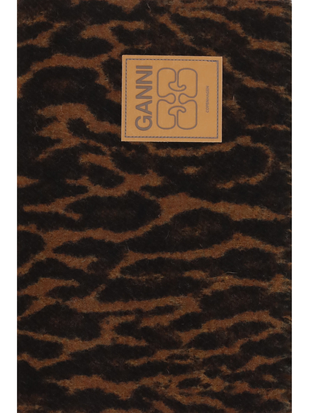 Ganni Women Leopard Print Wool Scarf With Logo And Fringes GANNI