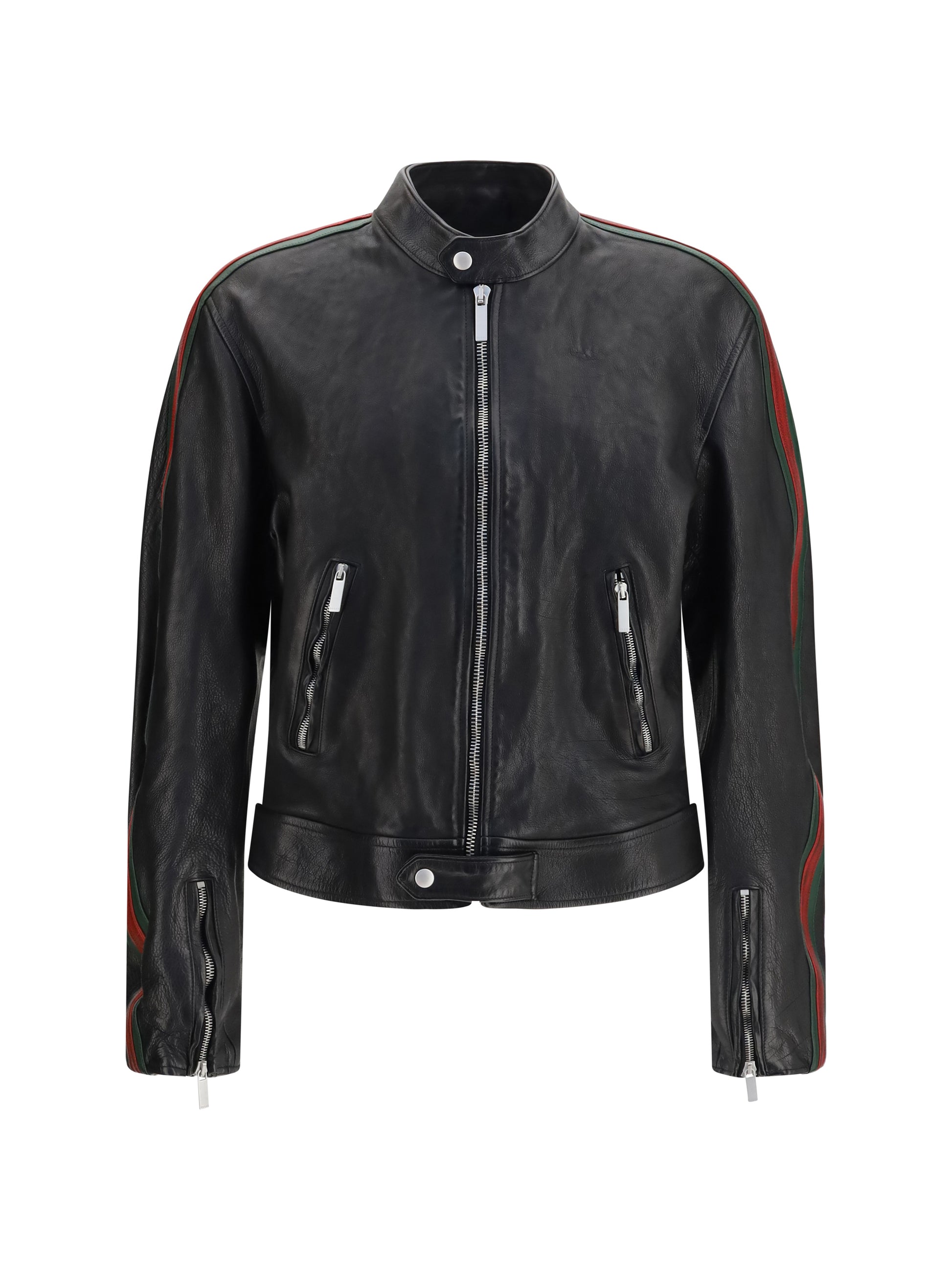 Gucci Men Buffalo Leather Bomber With Web Trim GUCCI