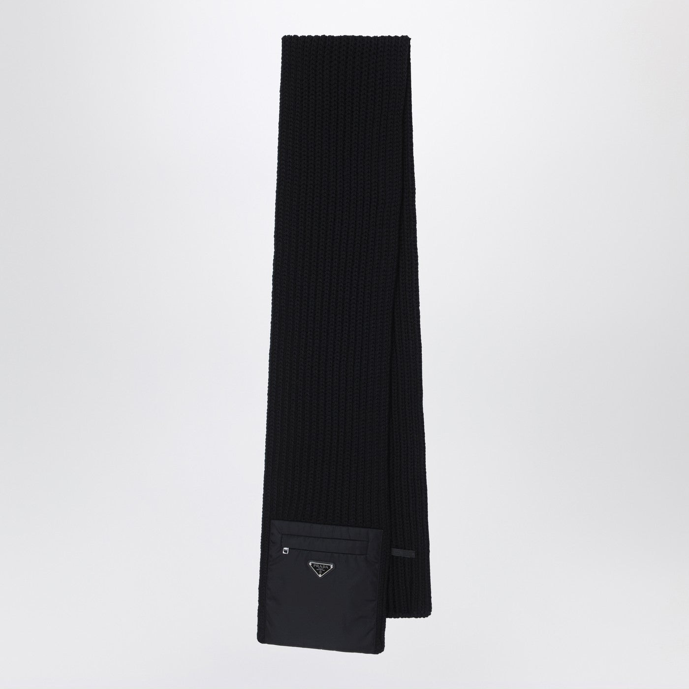Prada Black Wool Scarf With Re-Nylon Pocket Men PRADA
