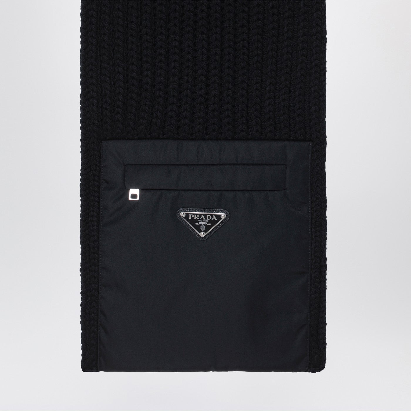 Prada Black Wool Scarf With Re-Nylon Pocket Men PRADA
