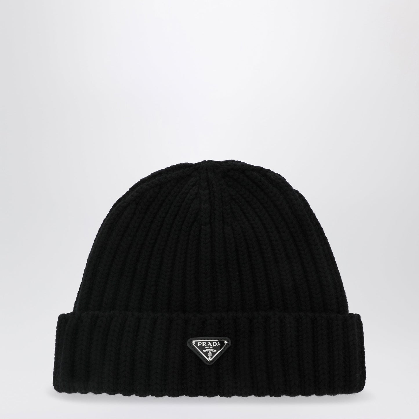 Prada Black Virgin Wool Beanie With Enamelled Triangle Logo Men PRADA