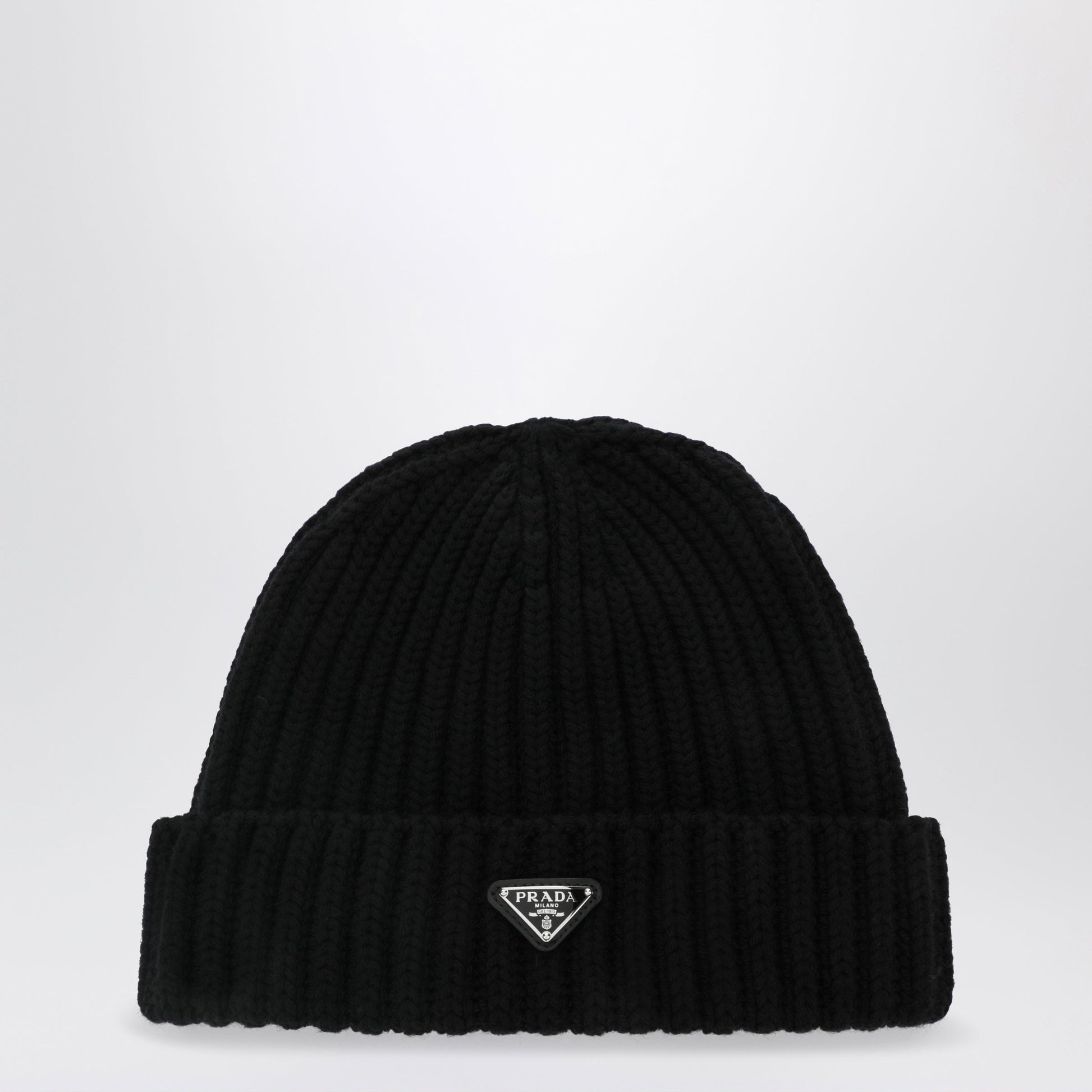 Prada Black Virgin Wool Beanie With Enamelled Triangle Logo Men PRADA