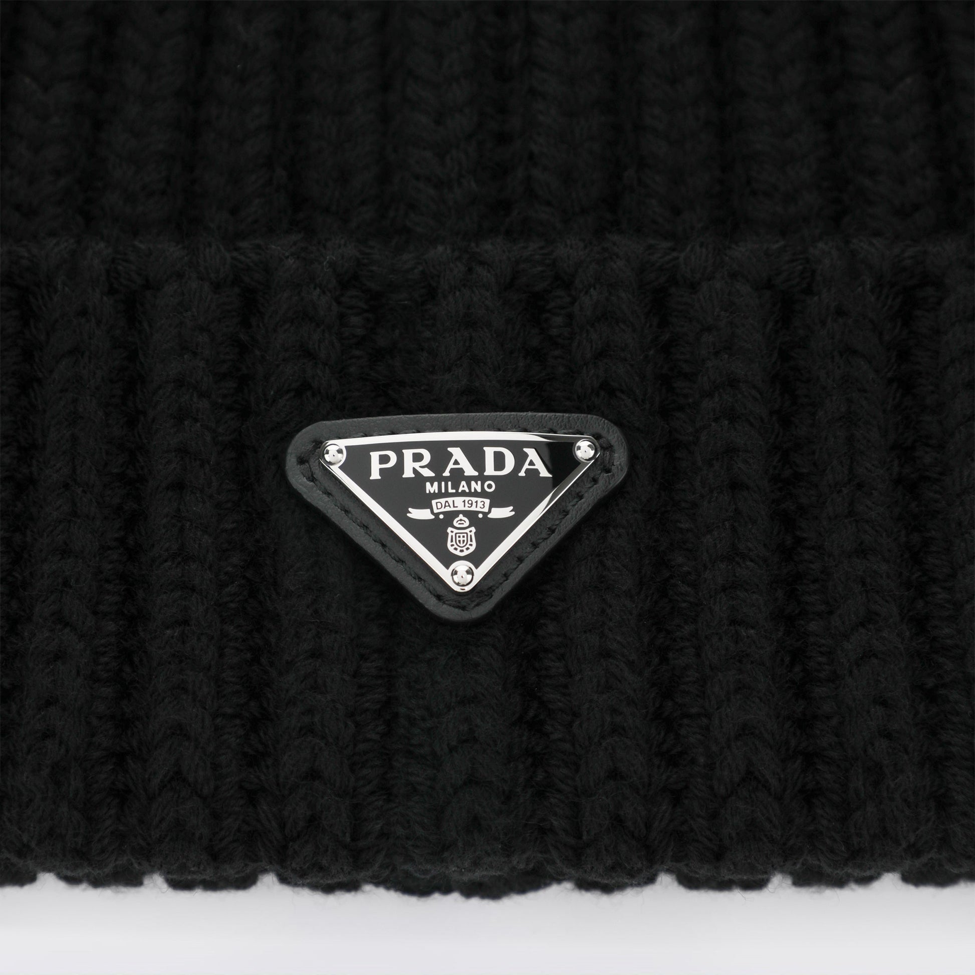 Prada Black Virgin Wool Beanie With Enamelled Triangle Logo Men PRADA