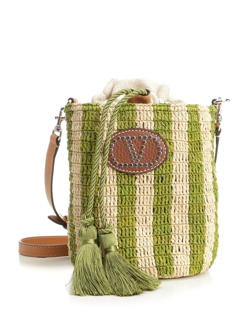 Valentino Garavani Women Small Bucket Bag | Vlogo Signature | Crochet Rafia Stripes/Lino/Vac.Liscia/To VALENTINO GARAVANI