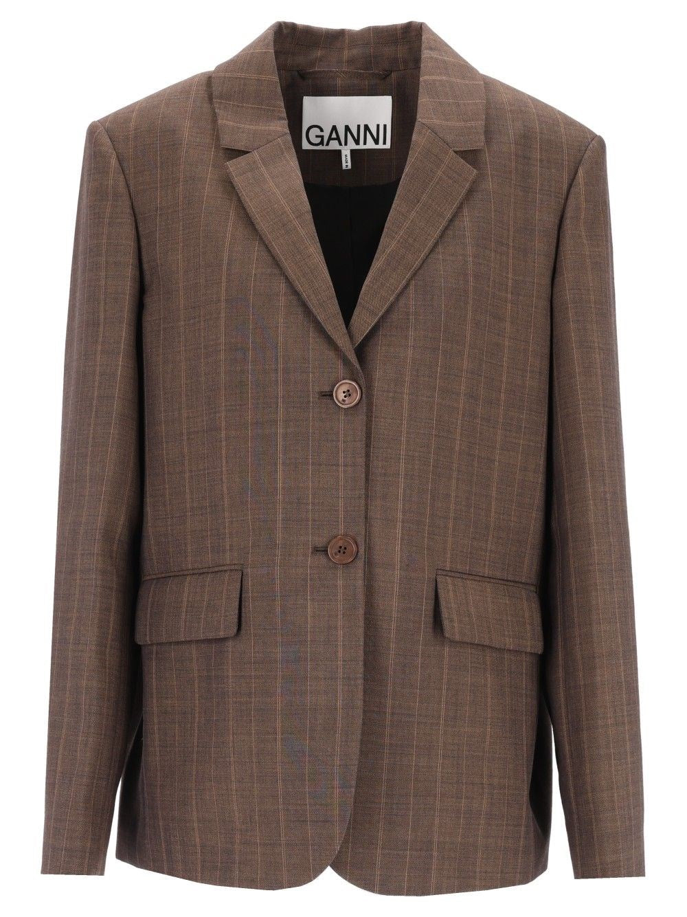 Ganni Women Brown Pinstriped Wool Blazer GANNI
