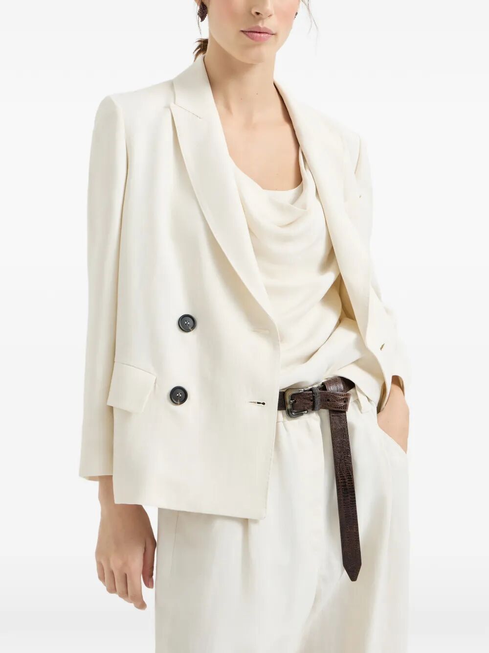 Brunello Cucinelli Women Giacca In Twill Fluid Di Viscosa E Lino Con Monile BRUNELLO CUCINELLI