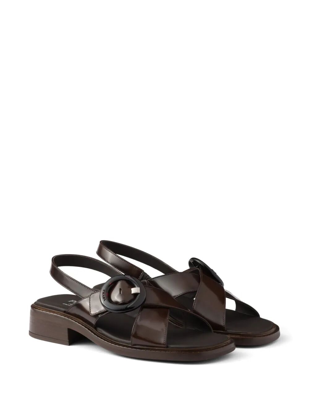 Prada Women Brushed Leather Crisscross Band Sandals With Plexiglas Buckle PRADA