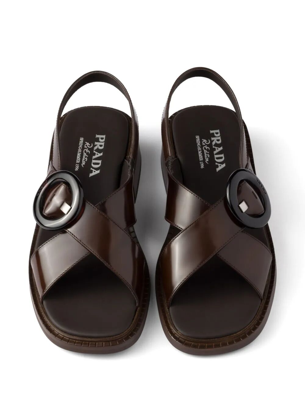 Prada Women Brushed Leather Crisscross Band Sandals With Plexiglas Buckle PRADA